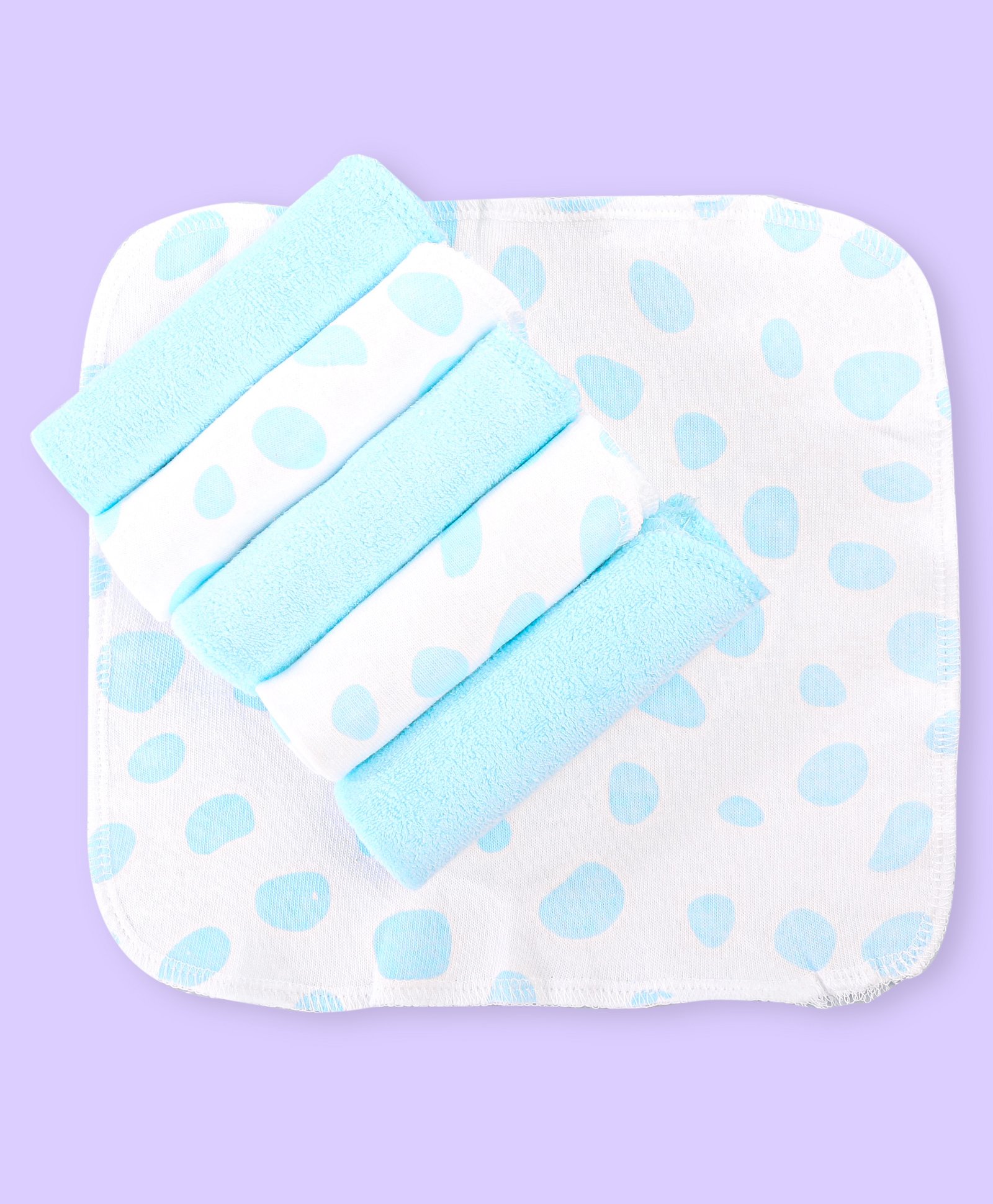 Babyhug Cotton Knit Polka Dot Printed Hand & Face Towels Pack of 6 L 25 x B 25 cm - White & Light Blue-image-6