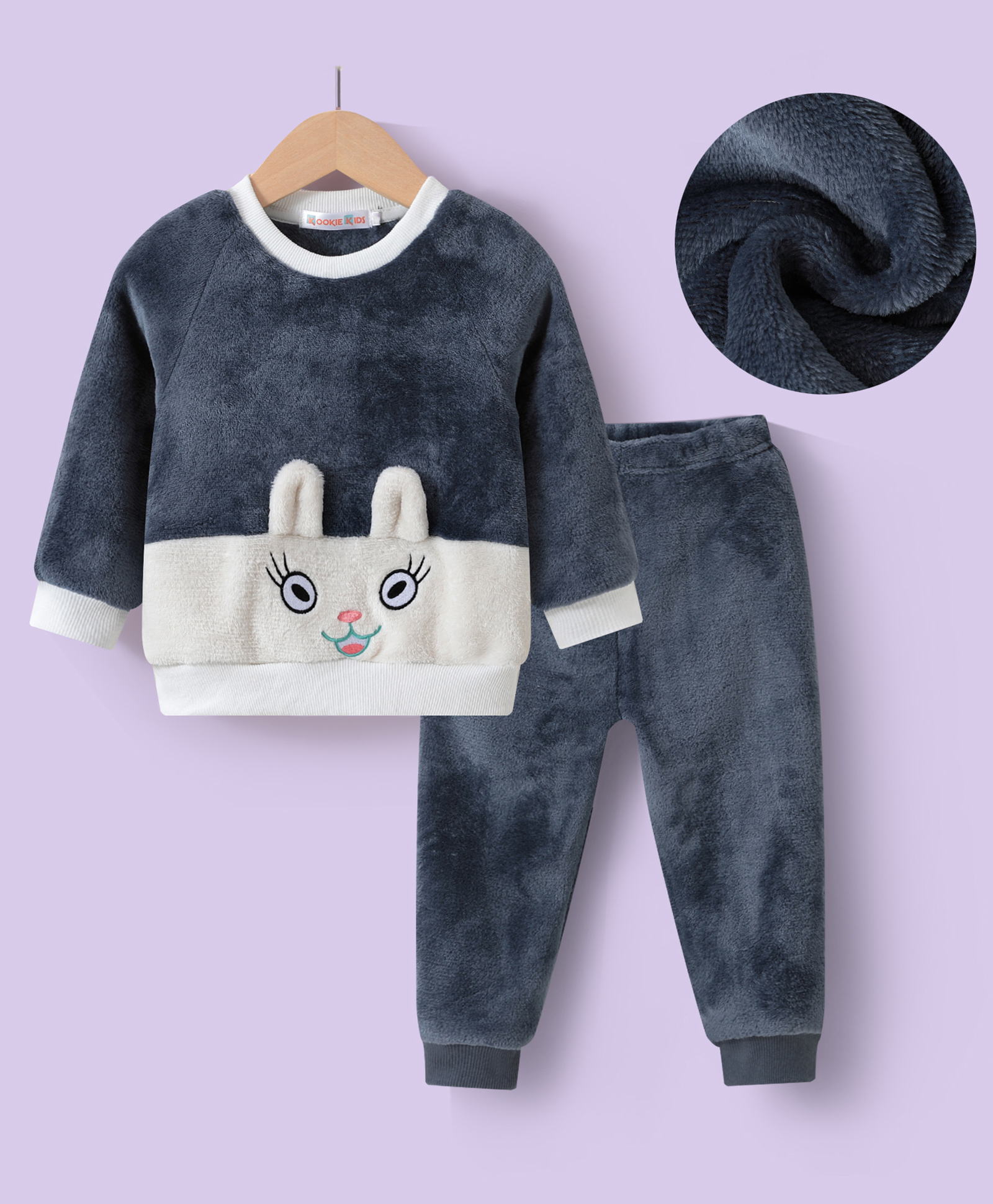Kookie Kids Full Sleeves Winter Wear T-Shirt & Pant Set with Bunny Applique - Blue & White-image-38
