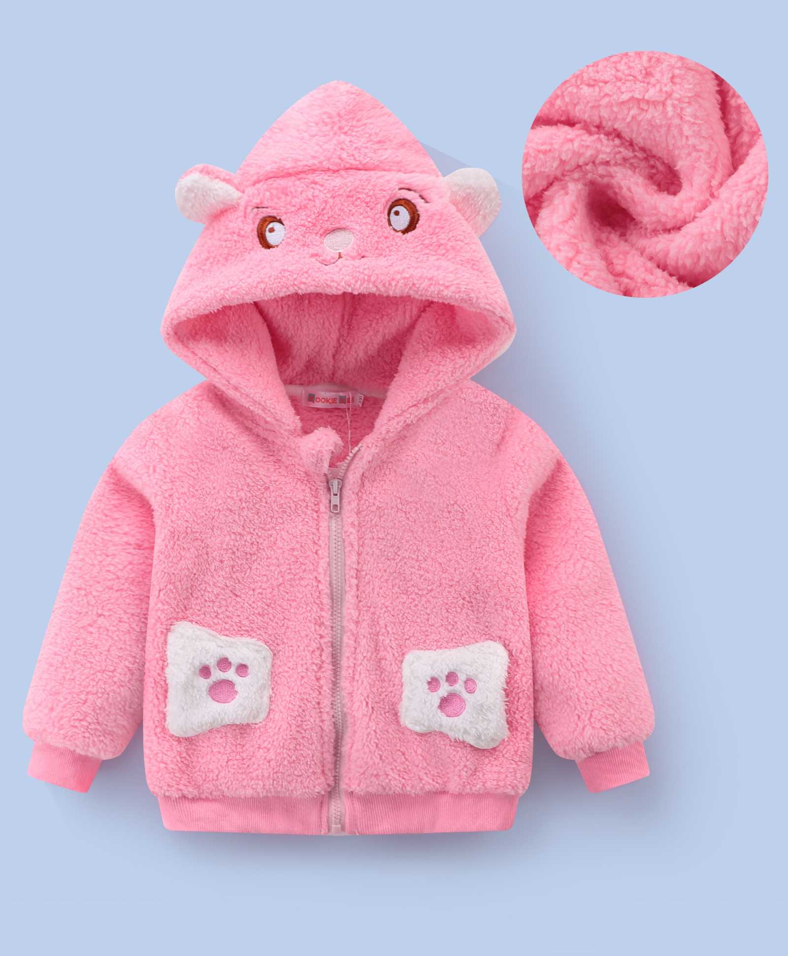 Kookie Kids Full Sleeves Hooded Fur Winter Jacket with Kitty Applique - Pink-image-21