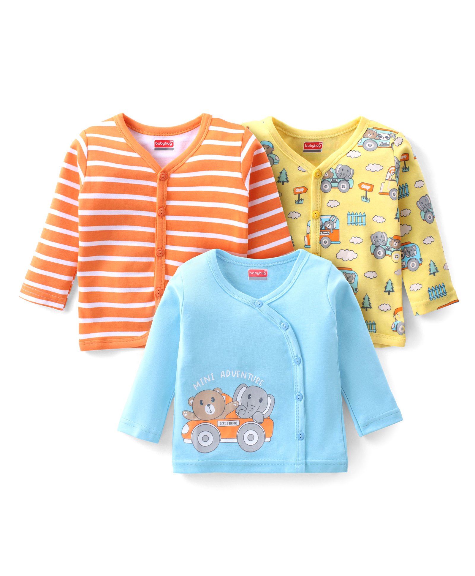 Babyhug 100% Cotton Knit Full Sleeves Front Open Vest Animal Print Pack of 3 - Orange Blue & Yellow-picture-26