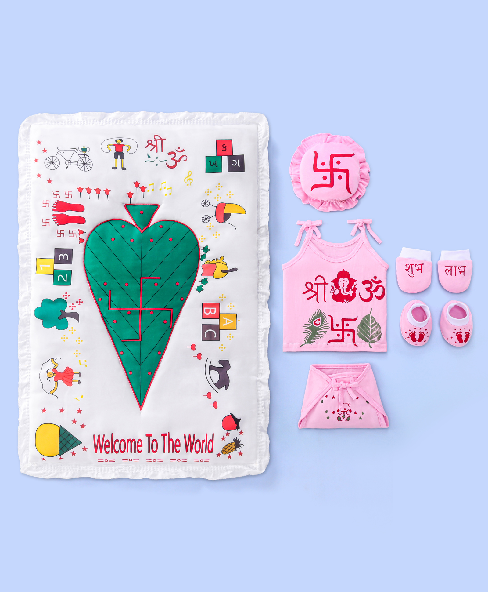 New Born Baby Girl Chhathi Puja Clothing Set Pack of 5 with Gadda- White & Pink-image-45