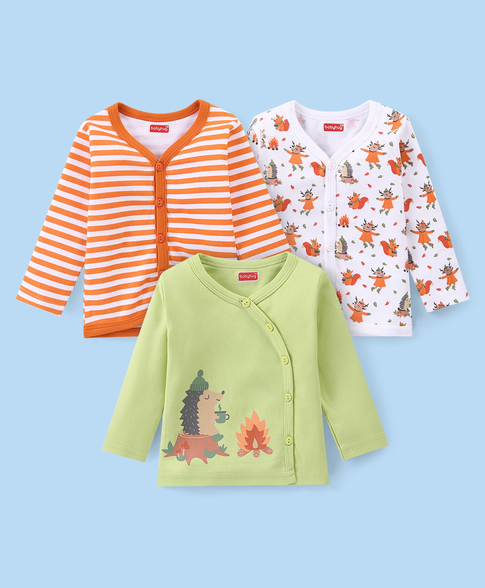 Babyhug 100% Interlock Cotton Knit Full Sleeves Front Open Antibacterial Vests with Stripes & Animal Print Pack of 3 - Orange Green & White-image-48