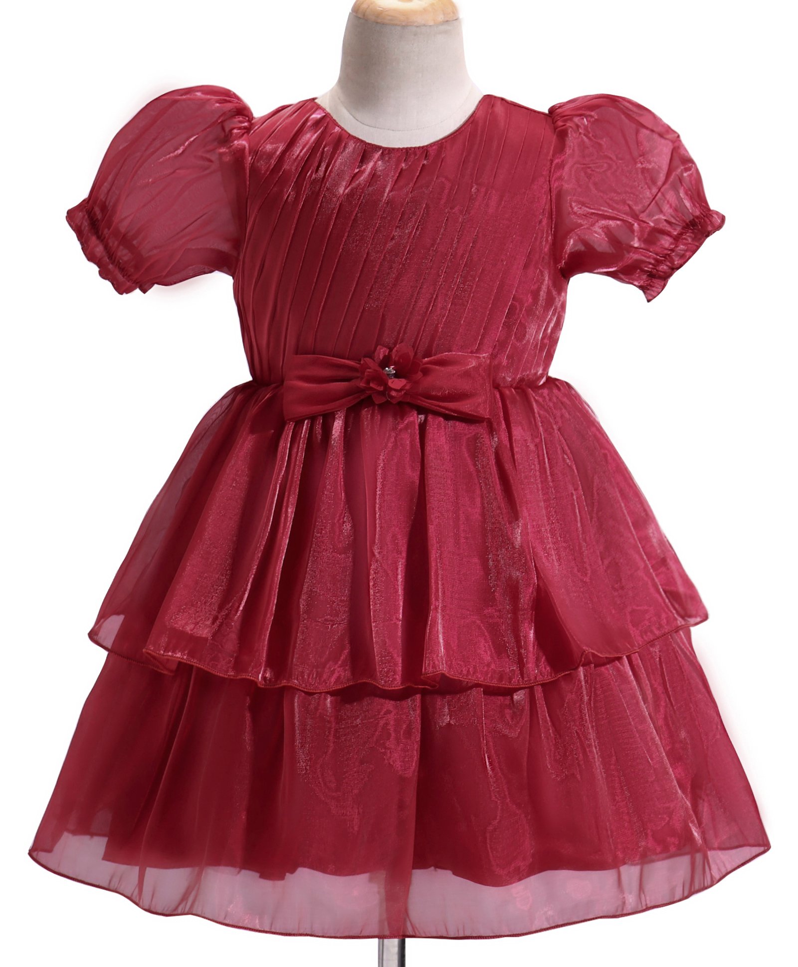 Babyhug Woven  Balloon Sleeves Fit & Flared  Party Frock with Bow Applique - Maroon-image-32