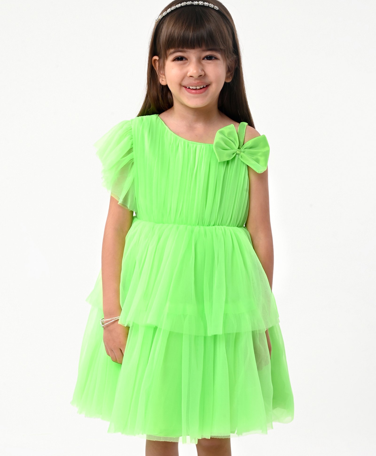 Babyhug Woven One Shoulder Sleeves Layered Party Frock with Frill Detailing & Bow Applique- Neon Green-image-33