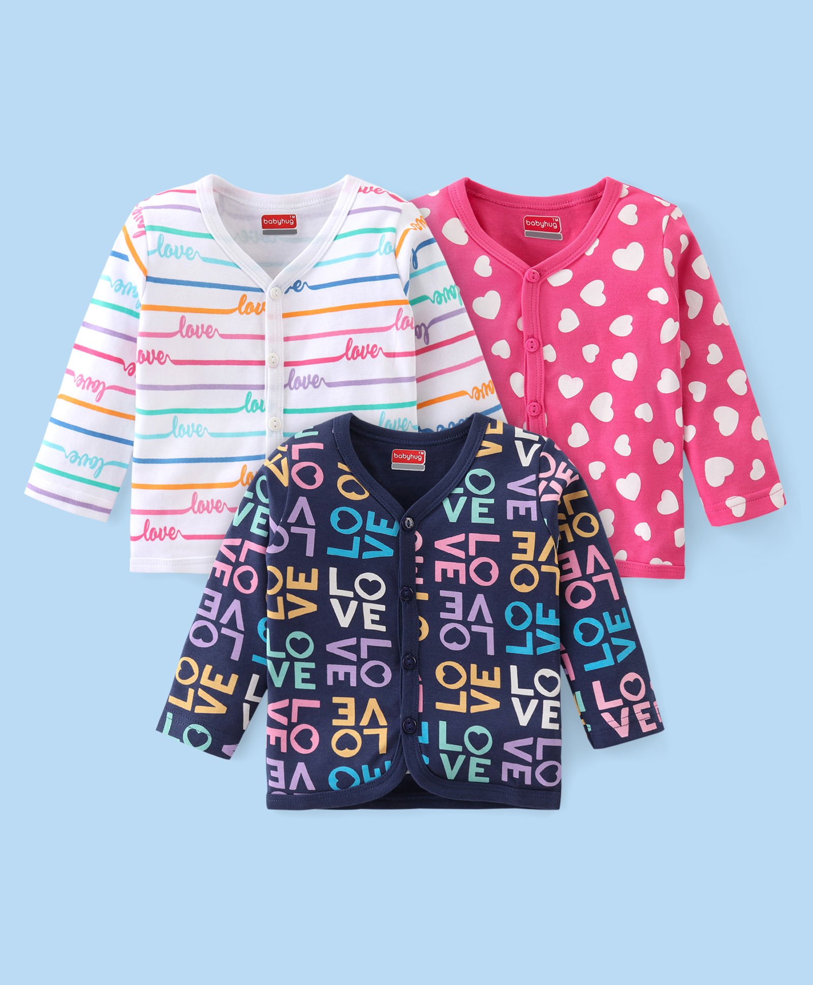 Babyhug 100% Cotton Knit Full Sleeves Front Open Stripes & Heart Printed Vests Pack Of 3 - Multicolour-image-38
