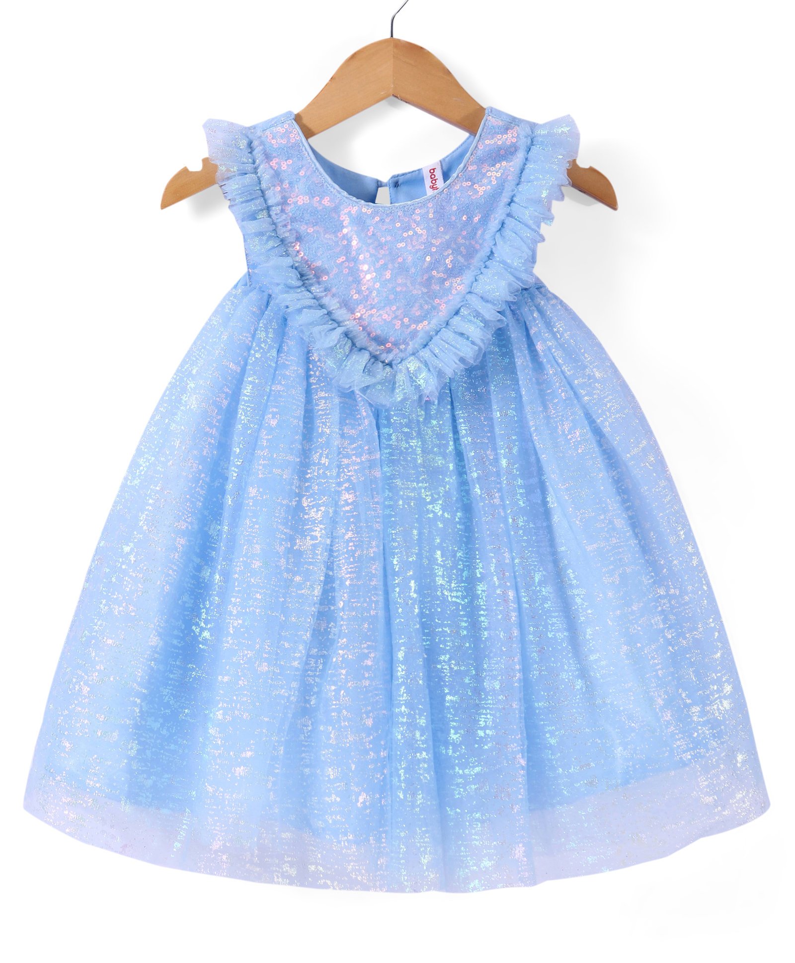 Babyhug Woven Sleeveless Fit & Flare Mesh Party Frock With Frilled Detailing - Blue-image-6