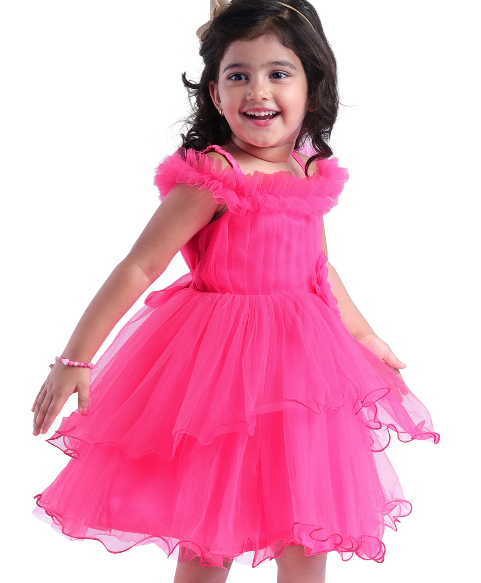 Babyhug Woven Off Shoulder Sleeves Fit and Flare Party Frock with Frill Detailing & Floral Applique -Neon Pink-picture-16