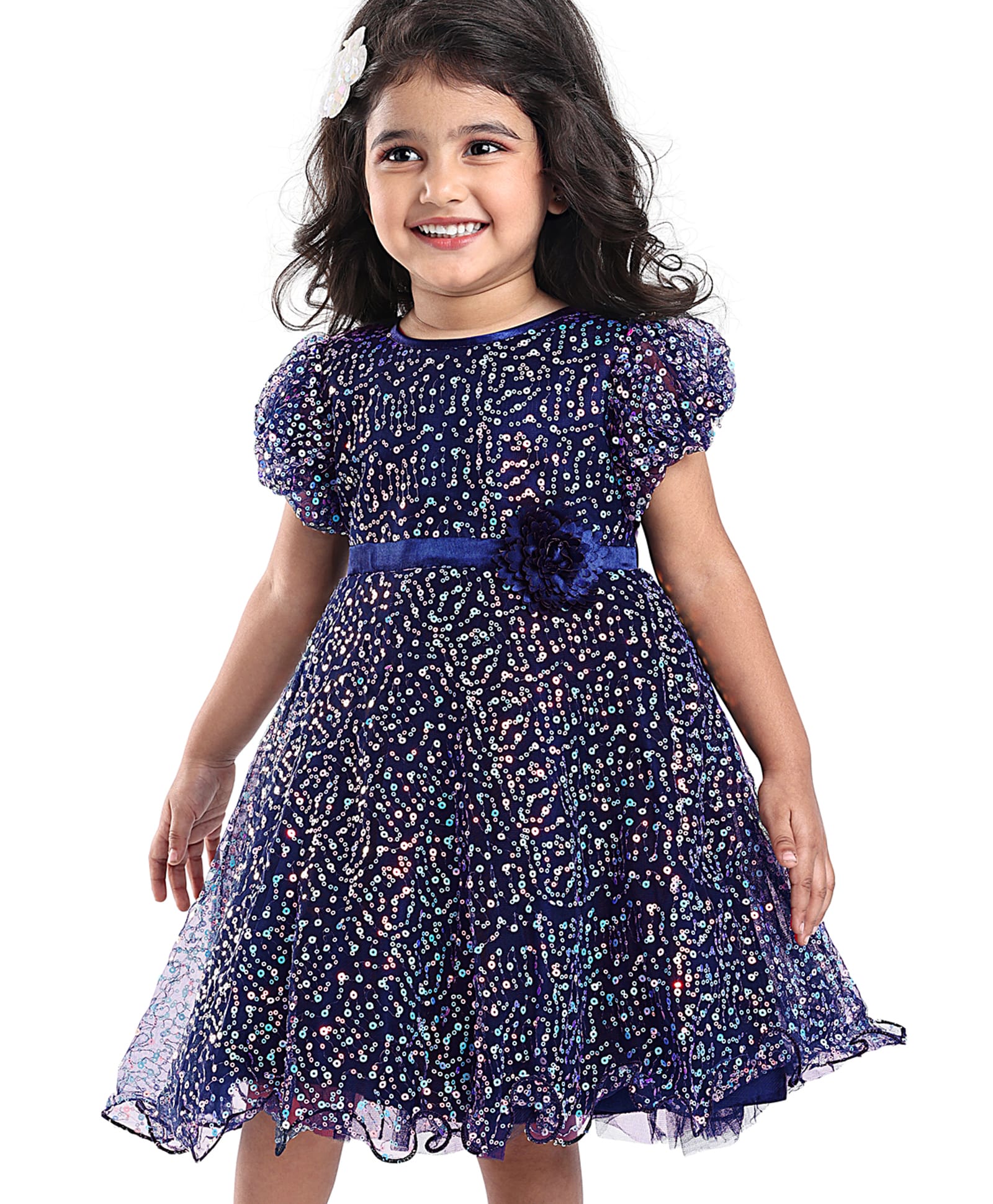 Babyhug Woven Half Balloon Sleeves Fit & Flared Sequined Frock with Floral Applique - Navy Blue-image-25