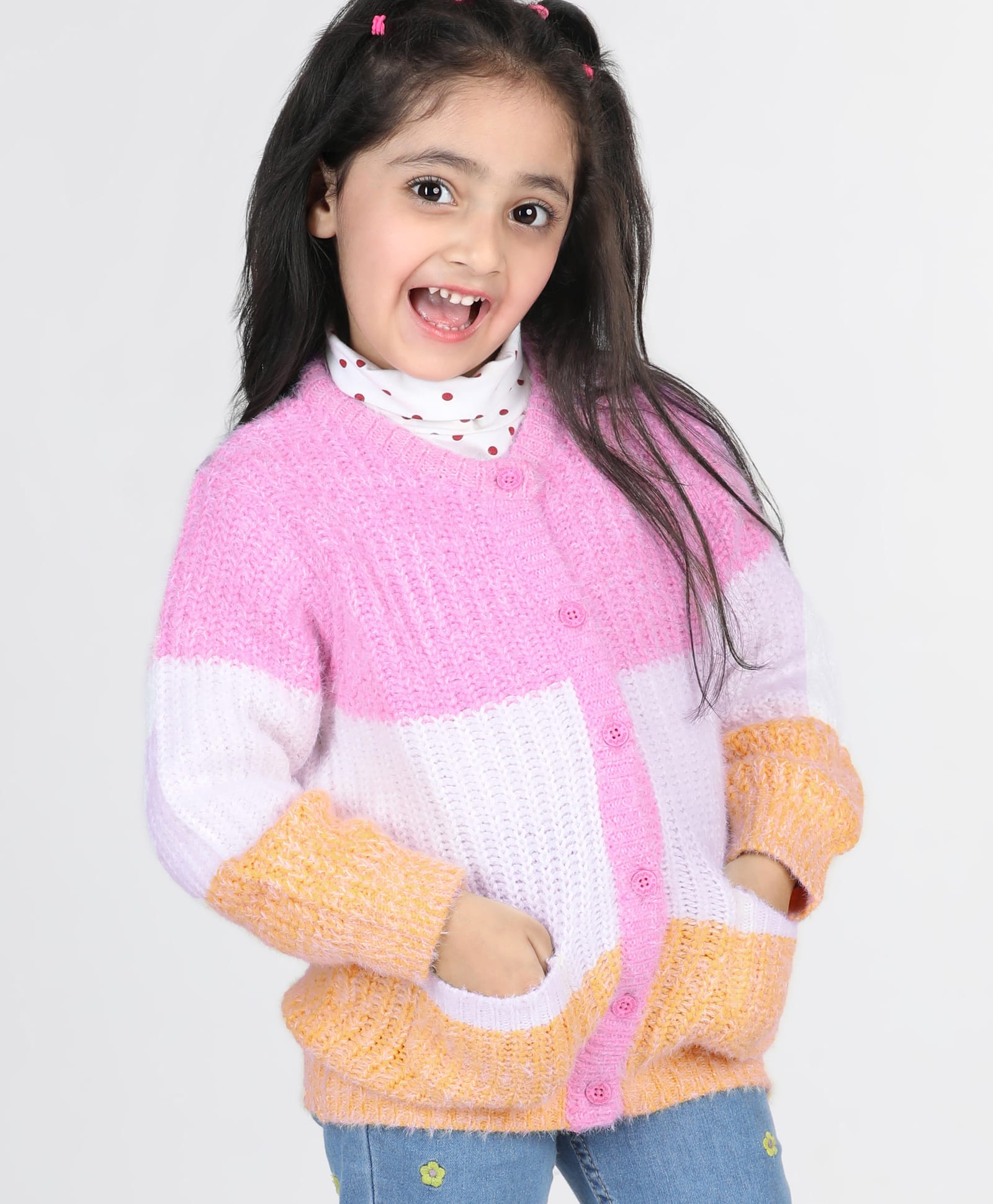 Babyhug Knitted Full Sleeves Front Open Sweater with Pockets Colour Block Design - Multicolour-image-30