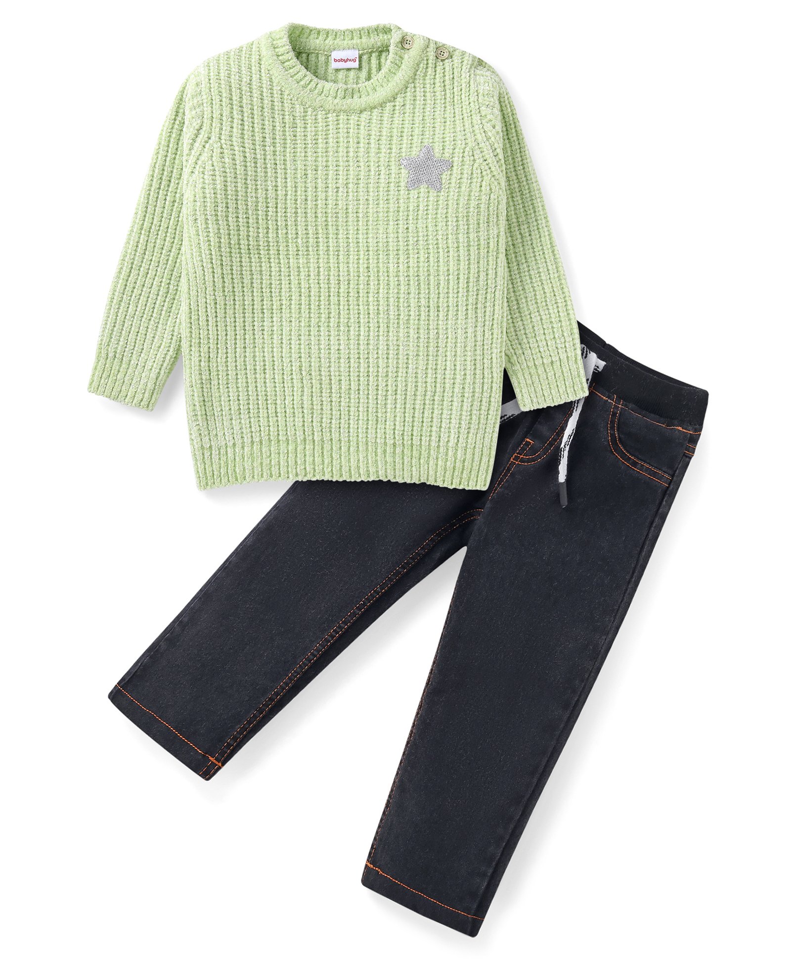 Babyhug Sweater Knit Full Sleeves Solid Pullover & Jeans Winter Wear Set With Star Applique - Light Green-image-36