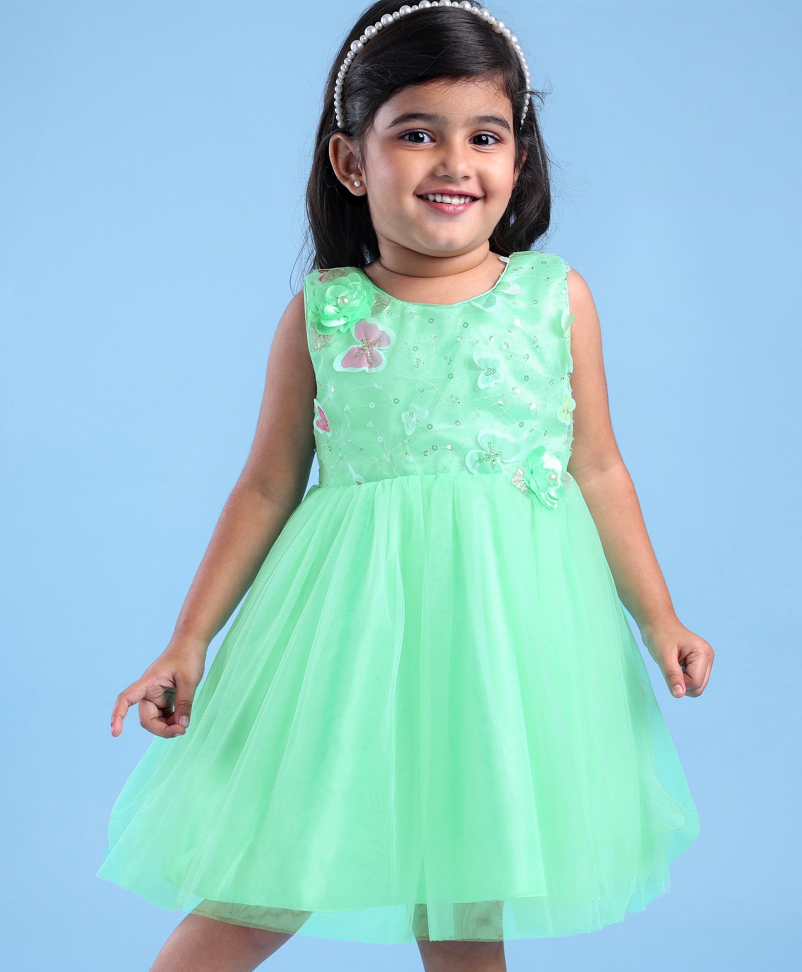 Babyhug Woven Sleeveless Fit & Flared Party Frock with 3D Floral & Butterfly Applique Sequin Detailing - Mint-image-34
