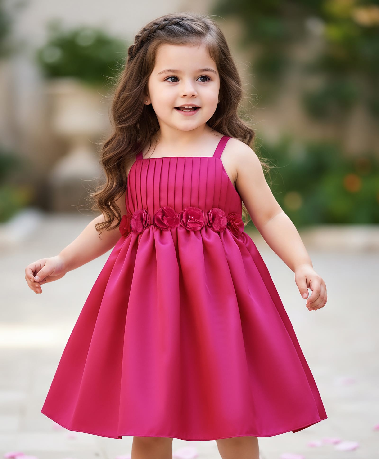 Babyhug Woven Singlet Sleeves Pleated Party Dress with Floral Applique - Dark Pink-image-8