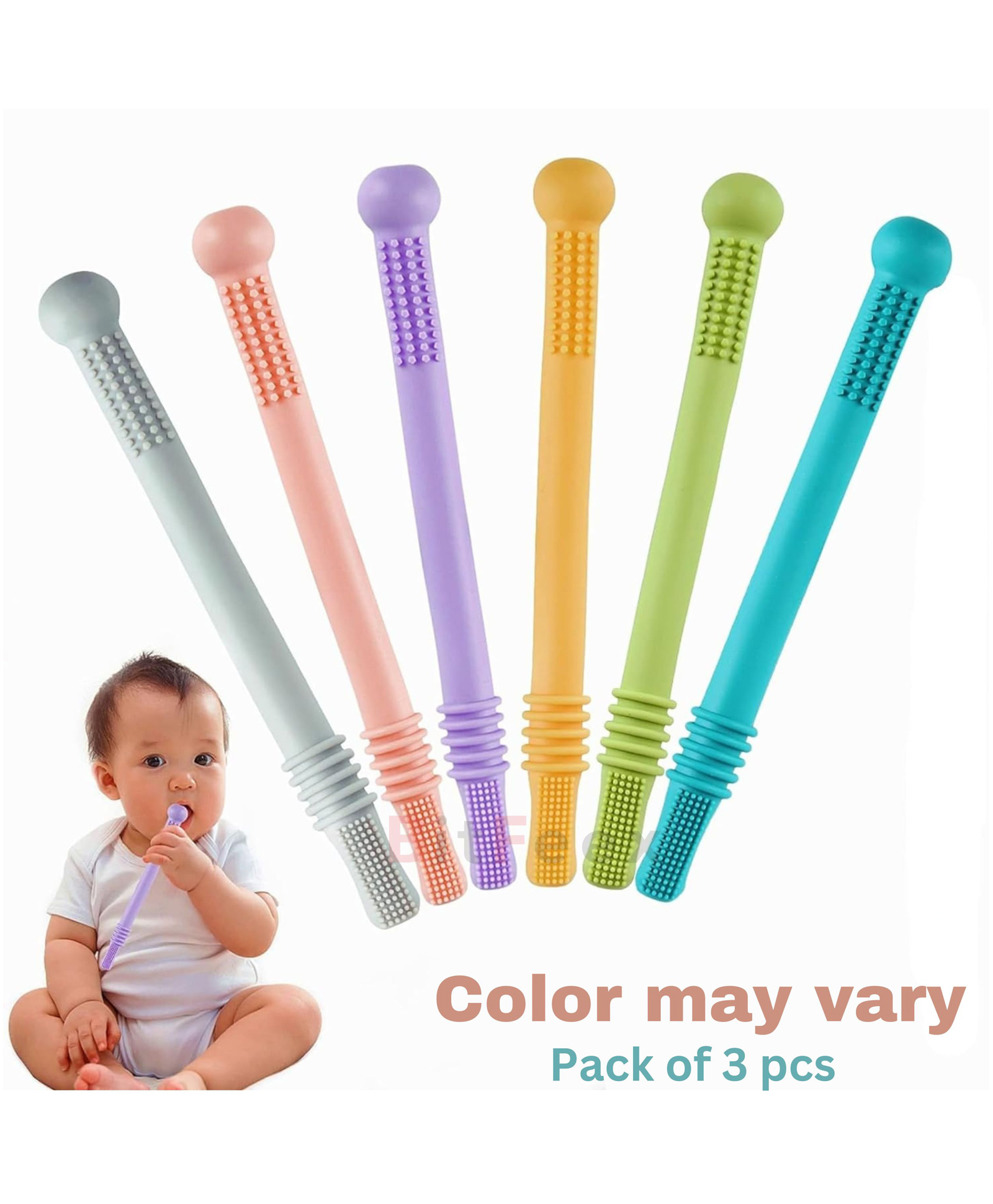 BitFeex Teether Toothbrush Hollow Teether Tube Infant Toddlers Silicone Tubes Teething Toys for Babies (Color may vary, Pack of 3pcs)-image-4