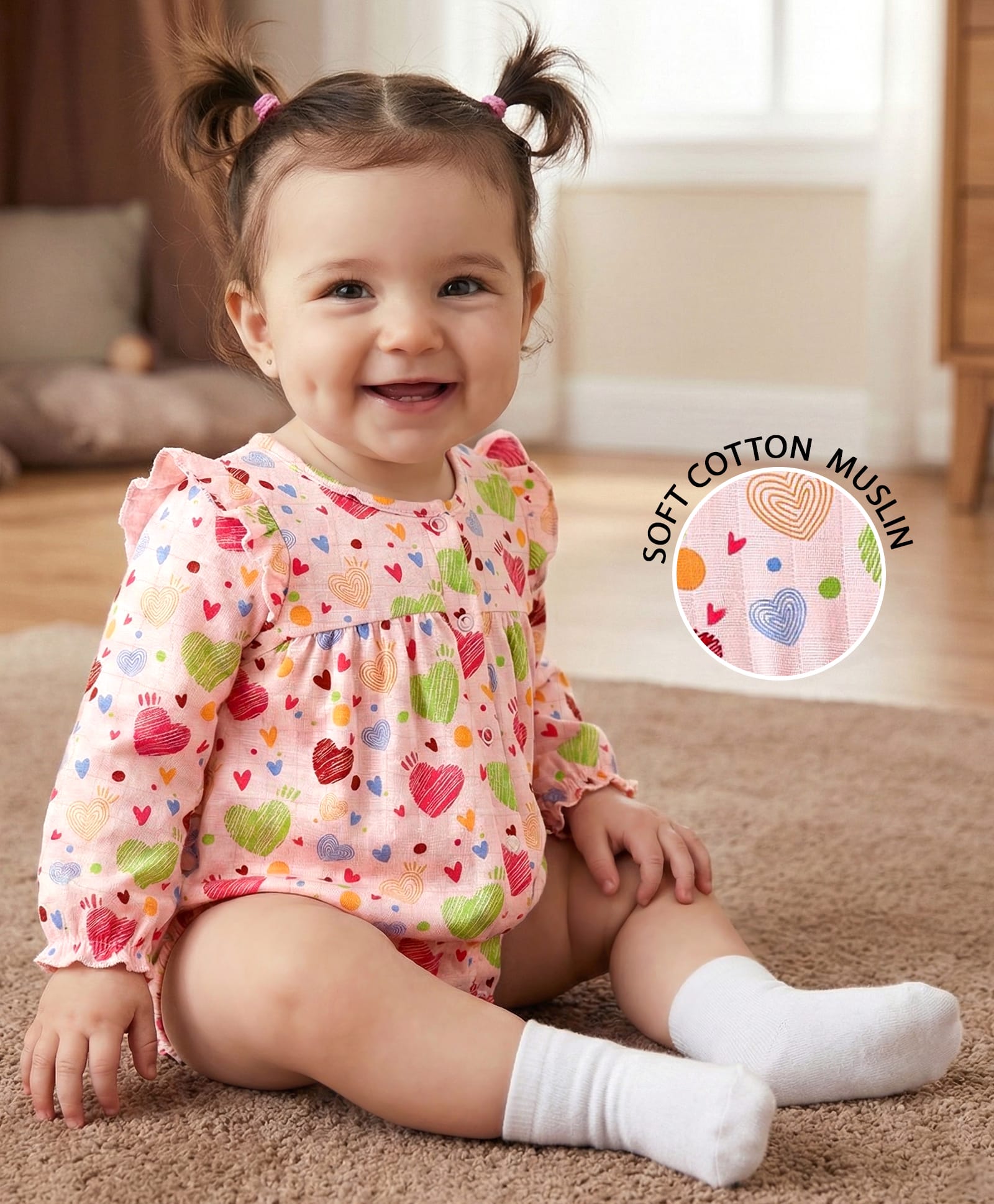 Babyoye Cotton Muslin Knit Full Sleeves Frock Style Onesie With Heart Print - Light Pink-picture-11