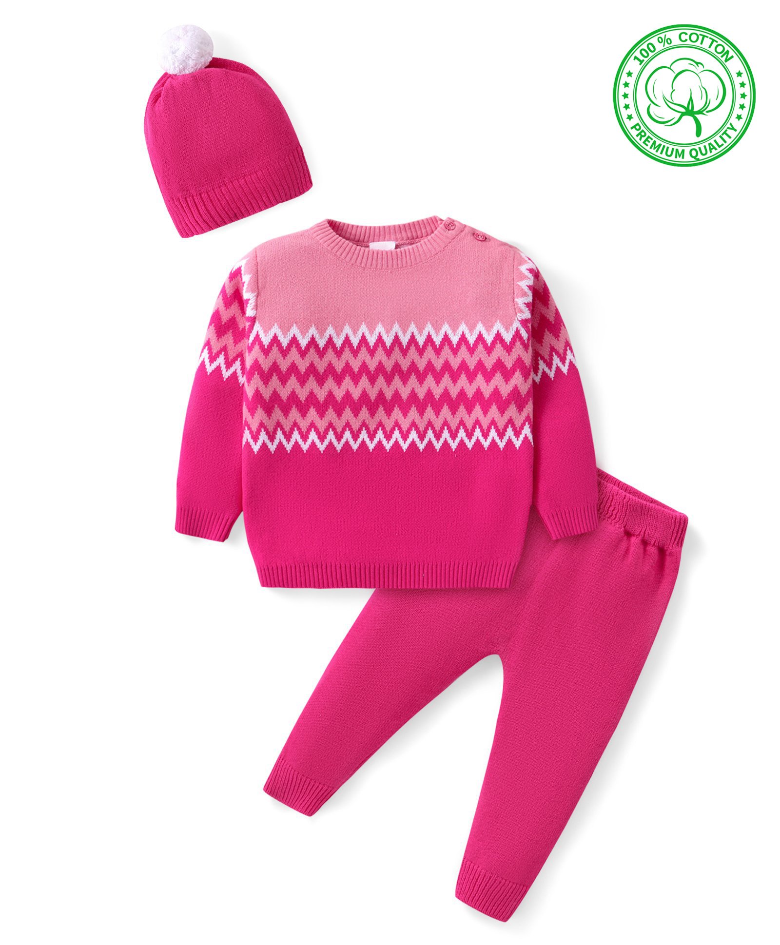 Babyhug Knitted Full Sleeves Pullover Sweater Set with Cap & Chevron Design - Pink-picture-20