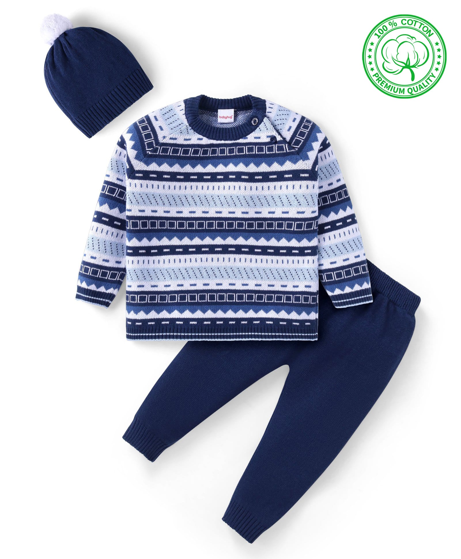 Babyhug Cotton Knit Full Raglan Sleeves Aztec Printed Sweater Set with Cap - Navy Blue-picture-16
