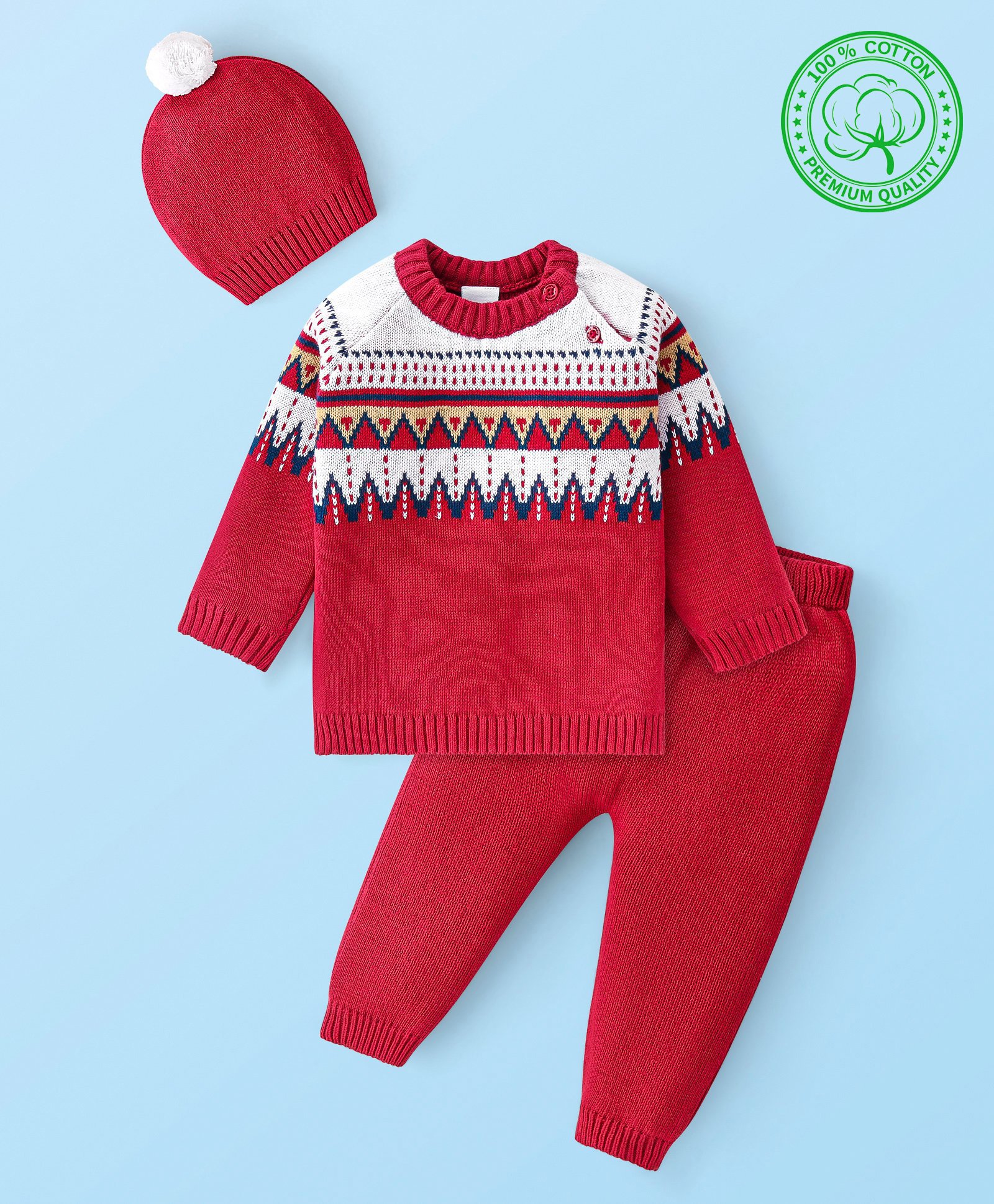 Babyhug Knit Raglan Full Sleeves Sweater Set with Cap Aztec Design - Red-picture-10