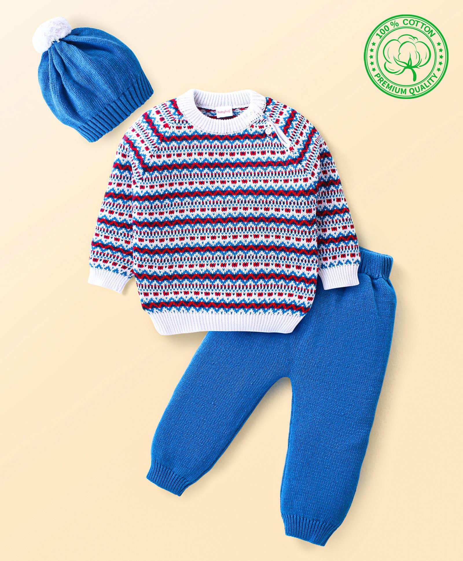 Babyhug Knitted Full Raglan Sleeves Pullover Sweater Set with Cap & Aztec Design - Blue-picture-17