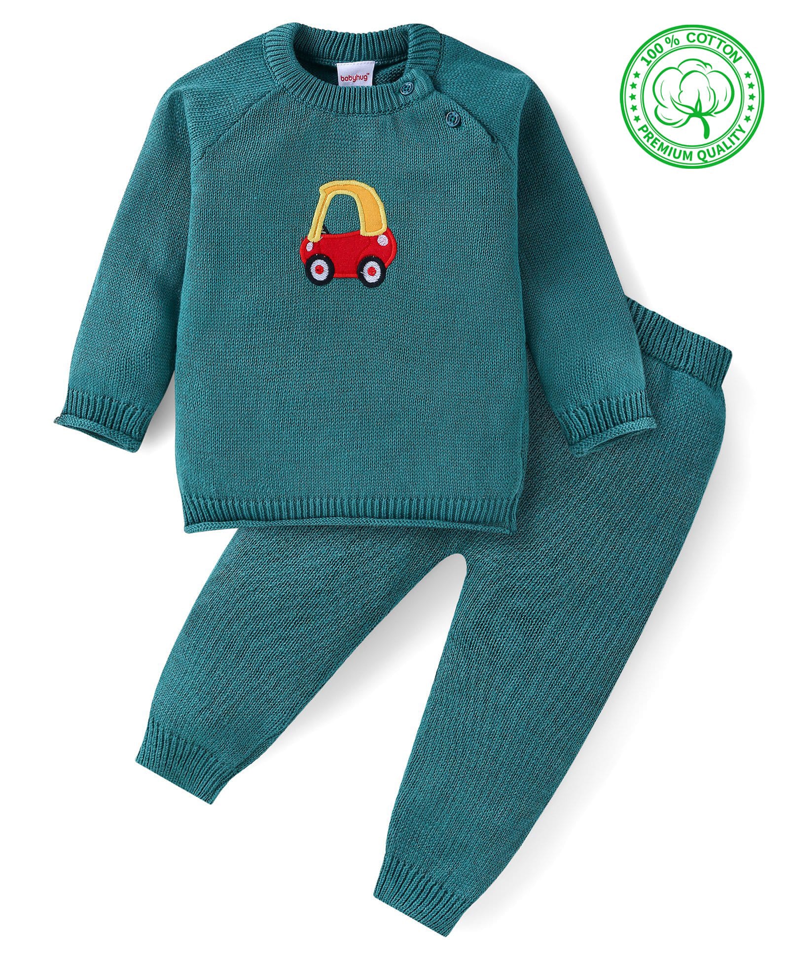 Babyhug Knitted Full Raglan Sleeves Pullover Sweater Set with Car Embroidery - Teal Blue-image-21
