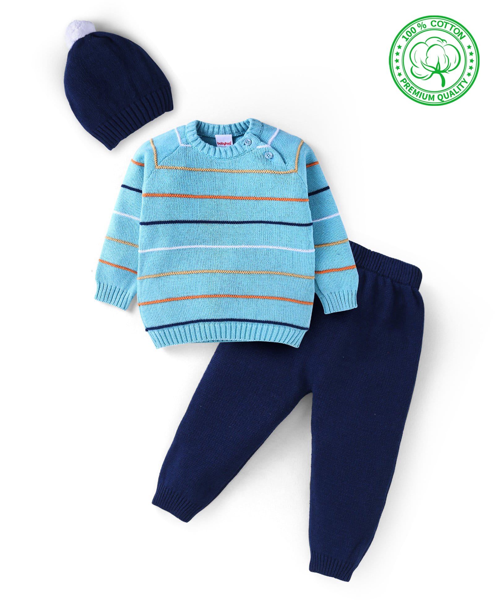 Babyhug Knitted Full Raglan Sleeves Striped Sweater Set with Cap - Light Blue-picture-17