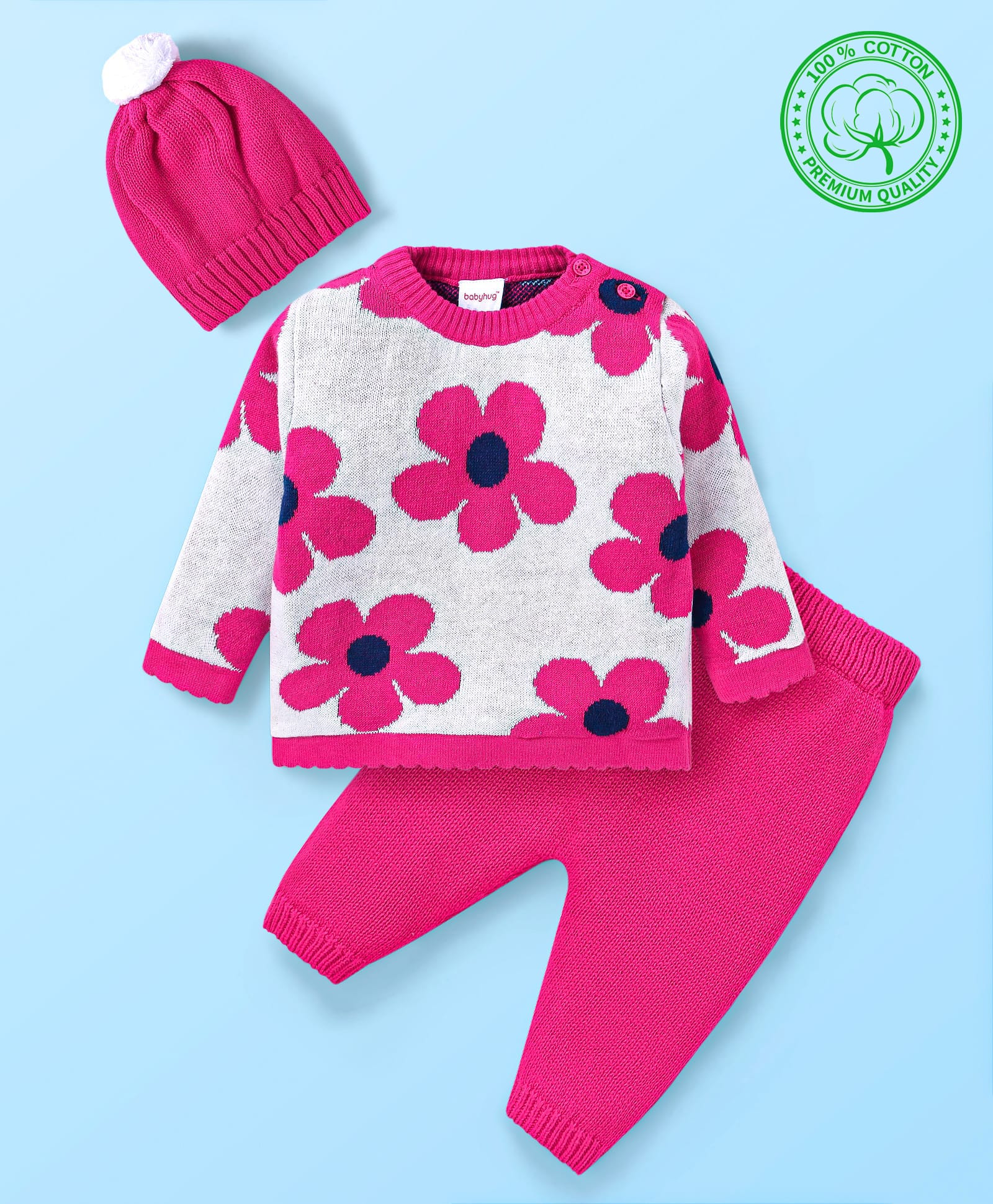 Babyhug Knit Full Sleeves Pullover Sweater Set & Capwith Floral Design - Dark Pink & White-image-24