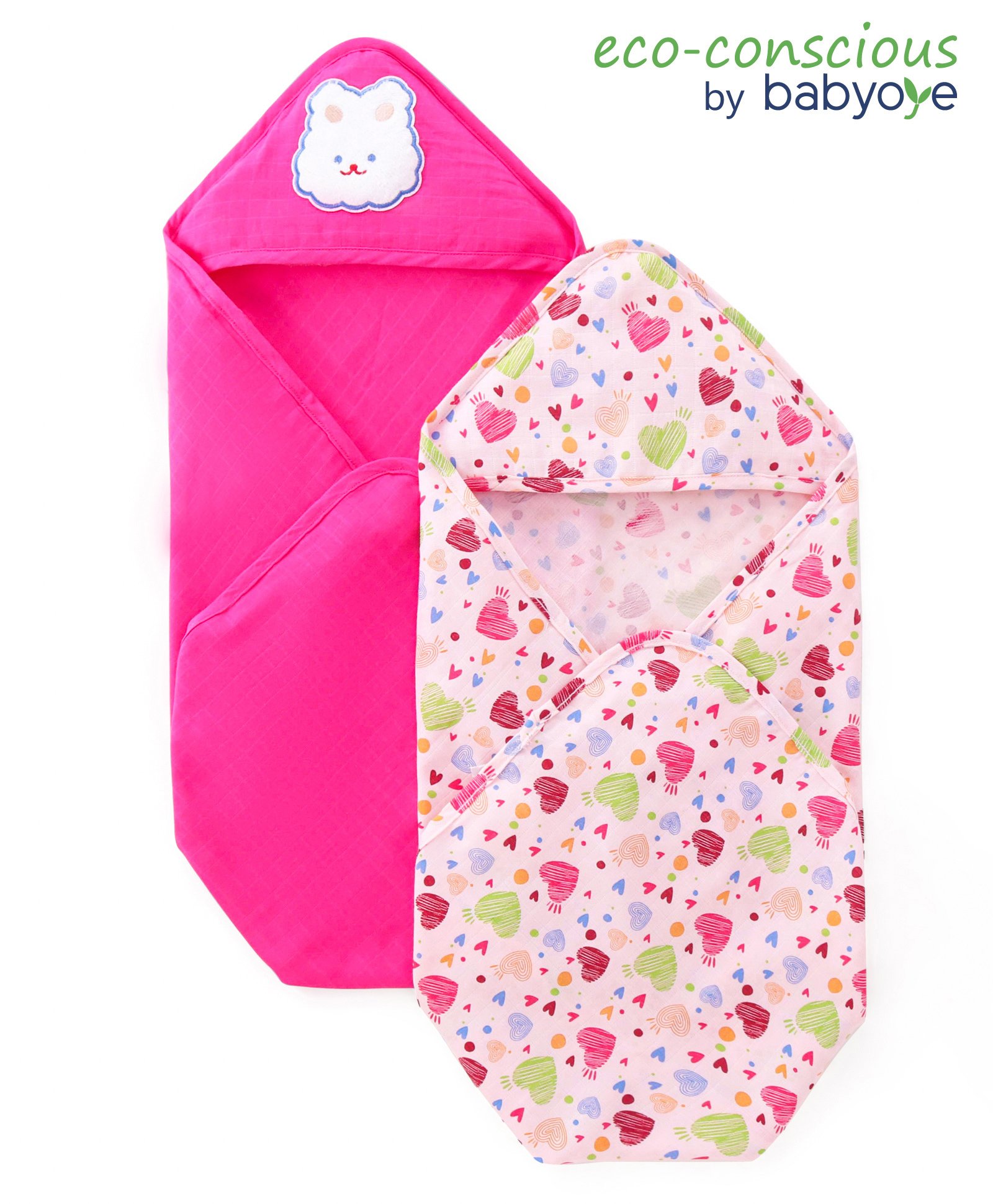 Babyoye Knit Muslin Hooded Towel & Wrappers with Heart Print Pack of 2 L 81 x B 81 cm - Pink & Fandango-picture-27
