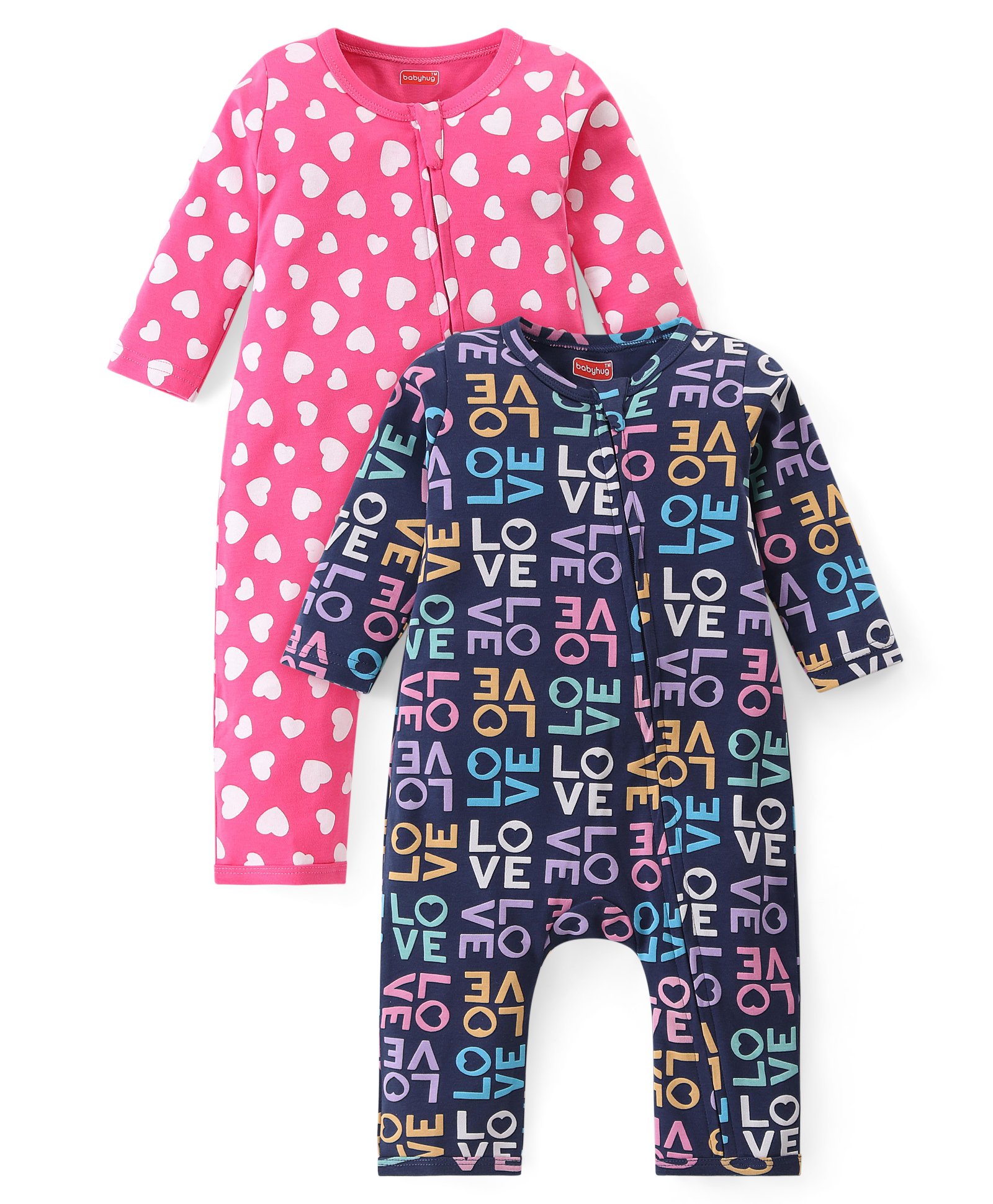 Babyhug 100% Cotton Knit Full Sleeves Heart Printed Rompers Pack of 2 - Multicolour-image-16