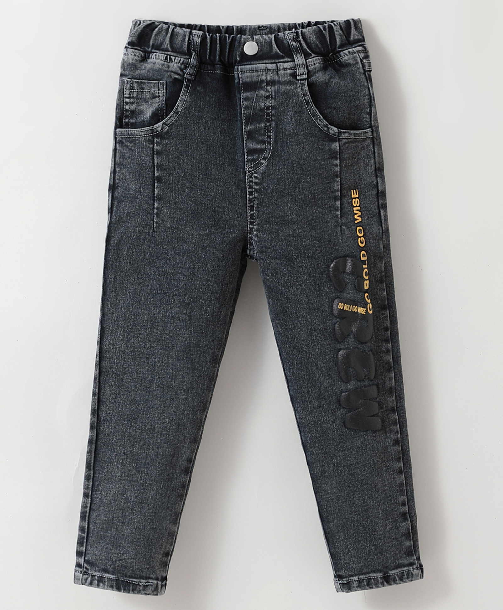 Kookie Kids Denim Full Length Jeans with Text Embellishment- Grey-image-36