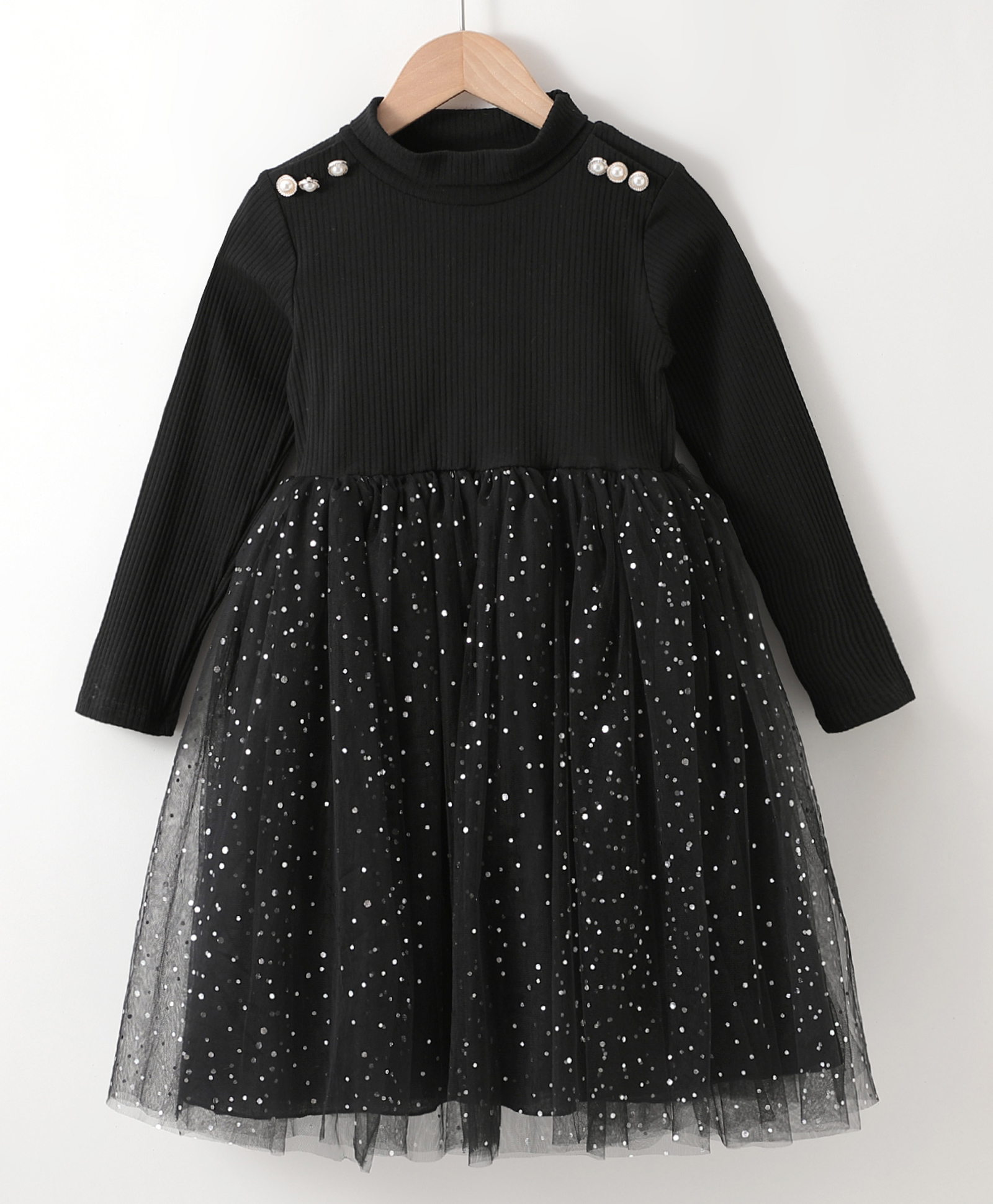 Kookie Kids Full Sleeves Party Frock with Sequin & Button Detailing - Black-image-46