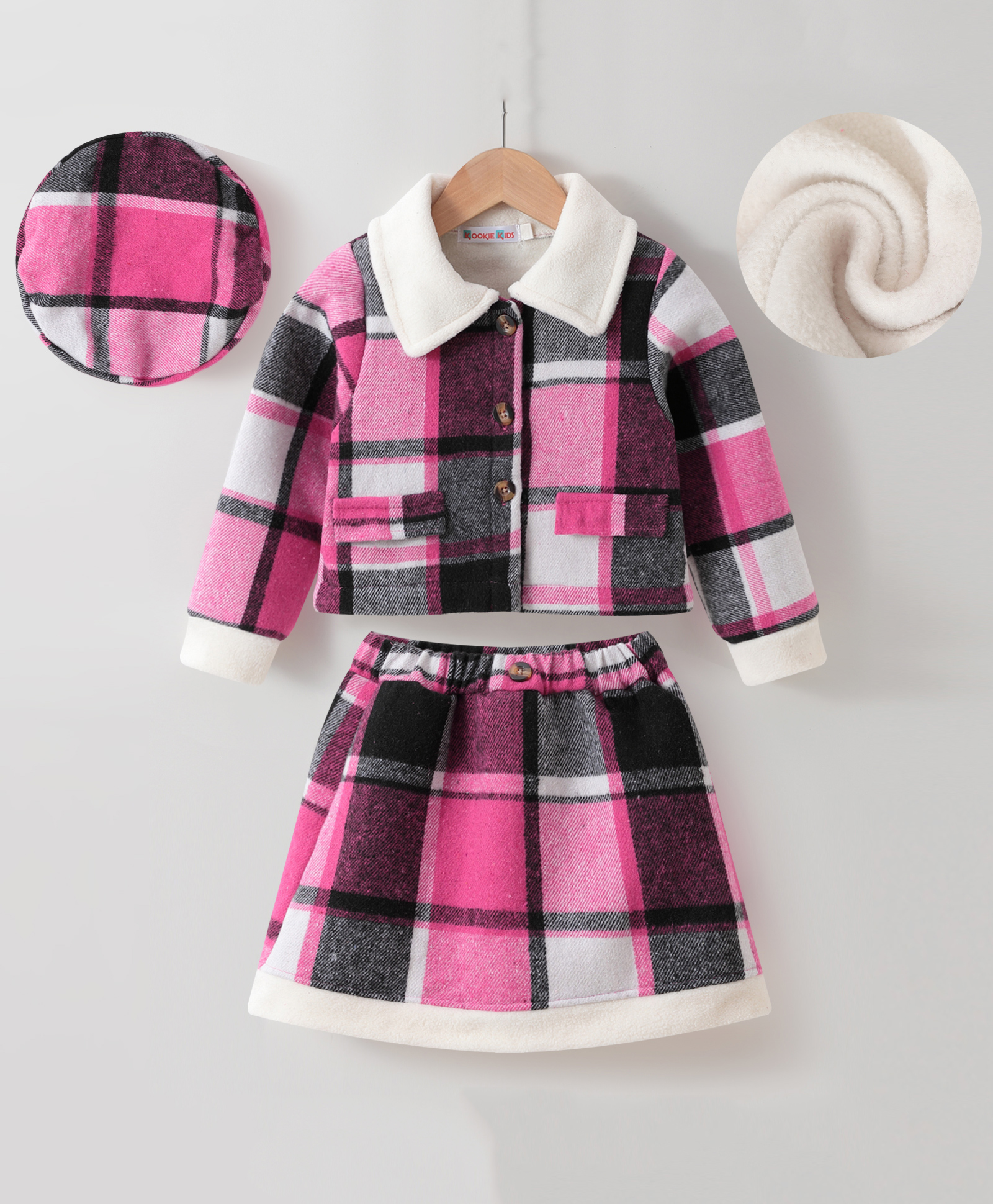 Kookie Kids  Full Sleeves Winter Wear Checkered  Collared Top & Skirt Set with Pocket Detailing - Multicolour-image-13