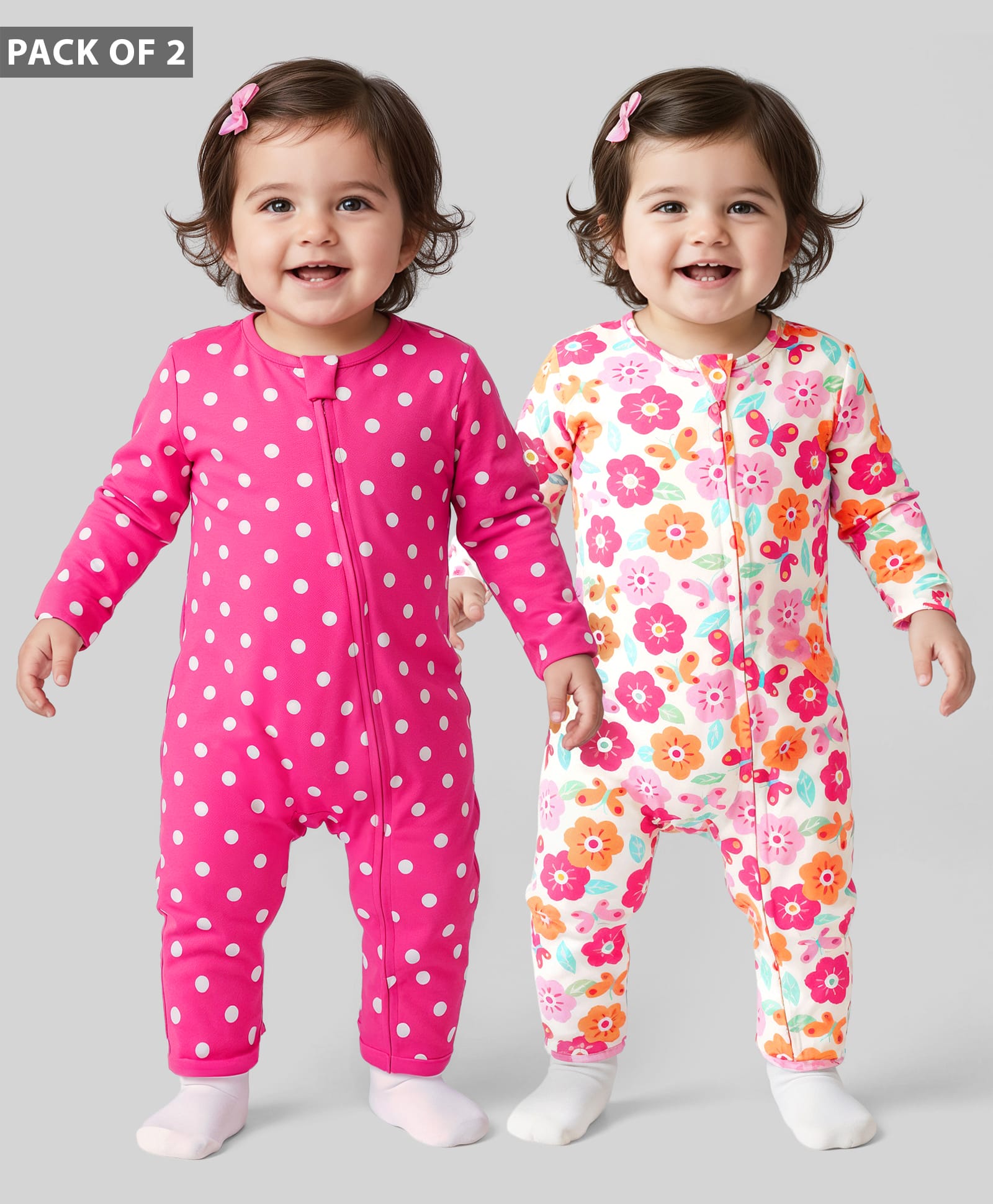 Babyhug 100% Cotton Knit Full Sleeves Romper with Floral Print Pack of 2 - Multicolour-image-28
