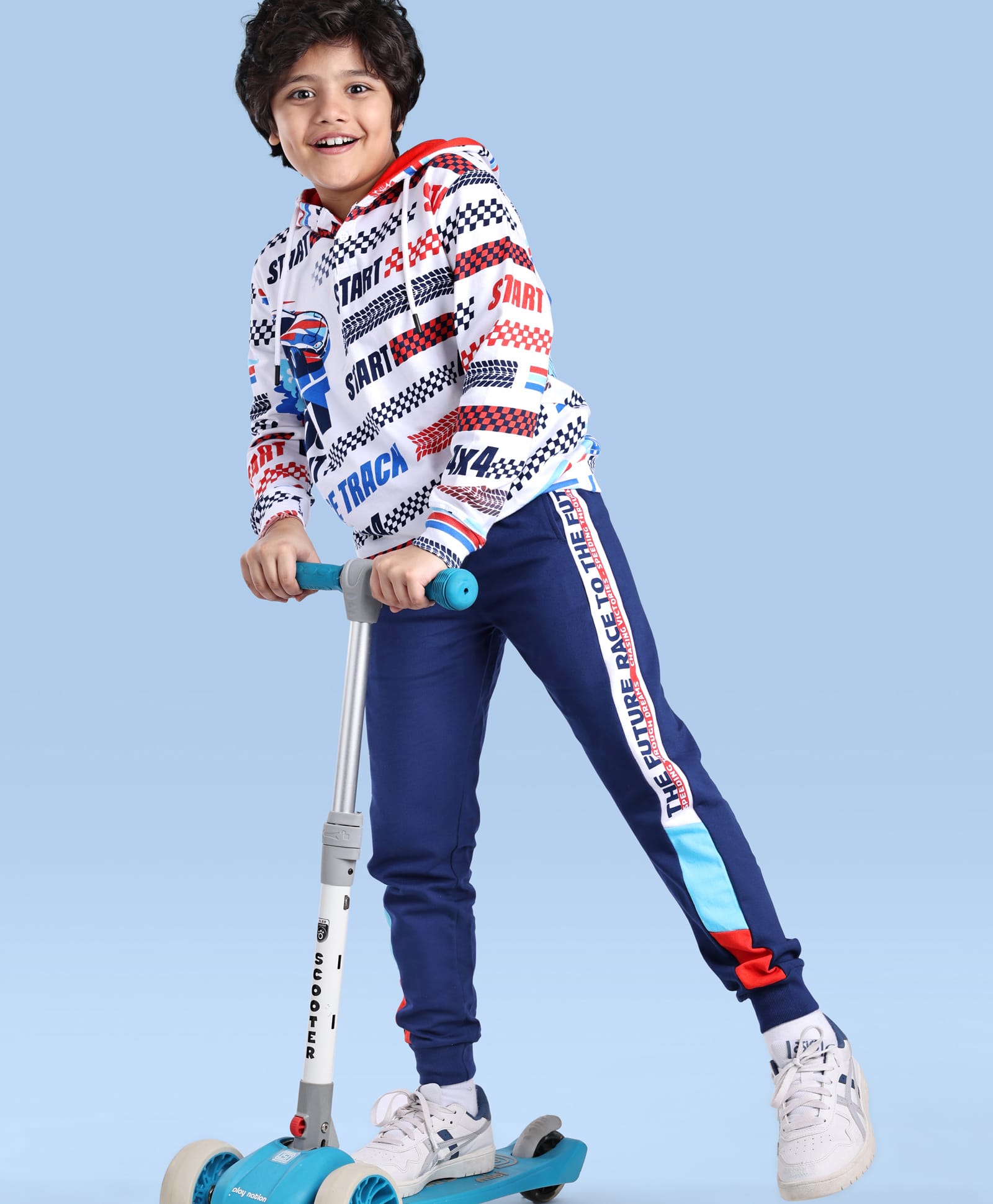 Ollington St. 100% Cotton Knit Full Sleeves Hooded Sweatshirt & Joggers Set with Text Print - Navy Blue & White-picture-28