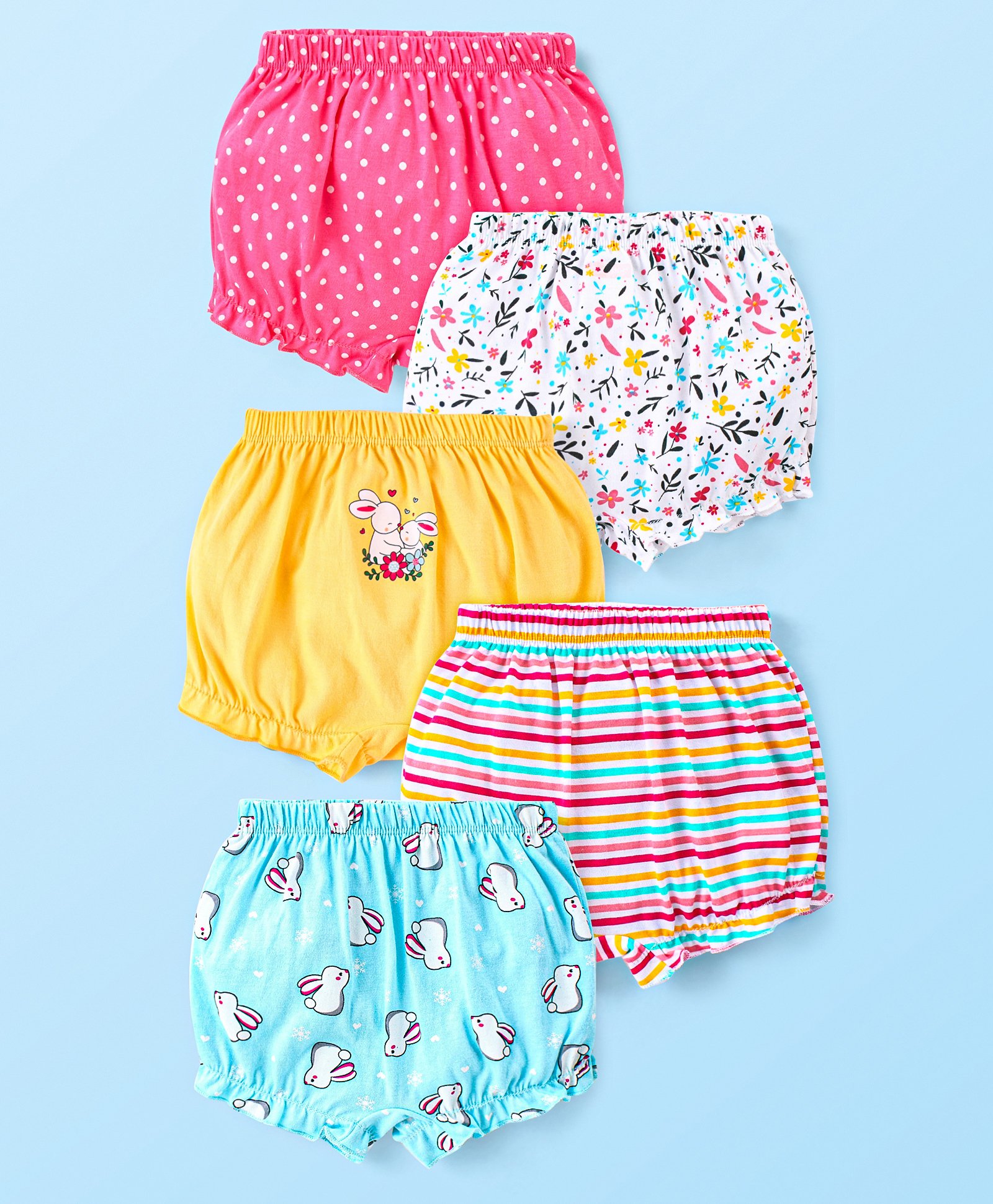 Babyhug 100% Cotton Knit Bloomers With Floral & Polka Dot Print Pack of 5 - Multicolour