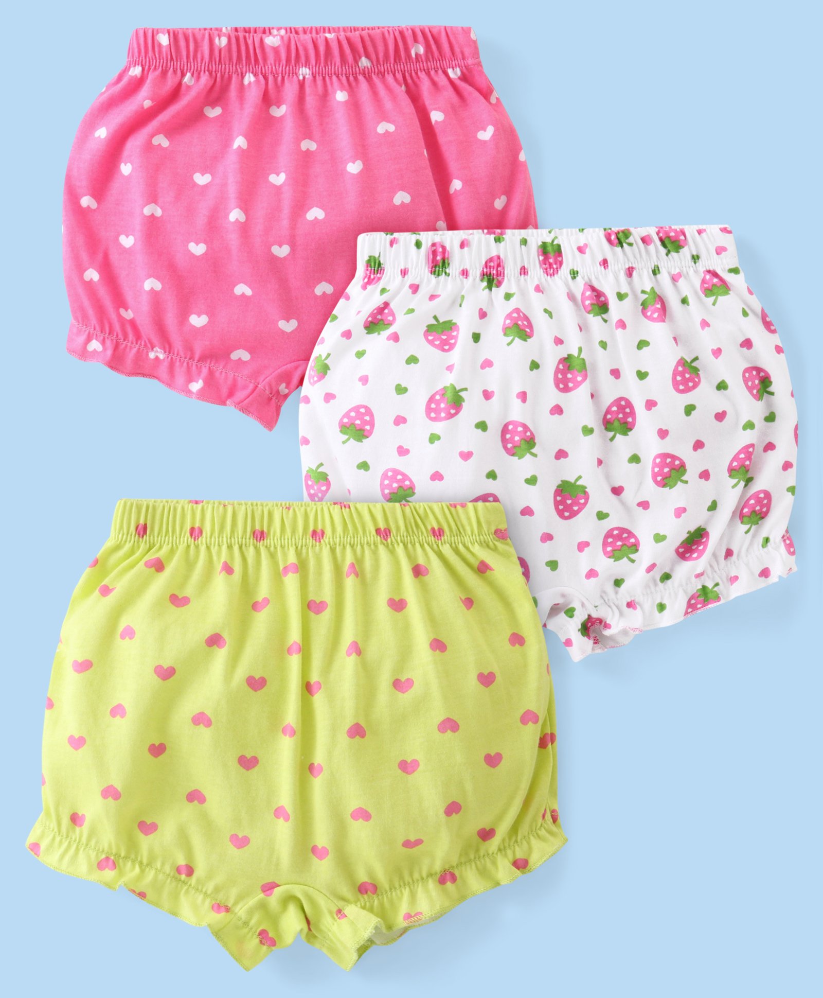 Babyhug 100% Cotton Knit Heart & Fruity Printed Bloomers Pack of 3 - Multicolour-image-6