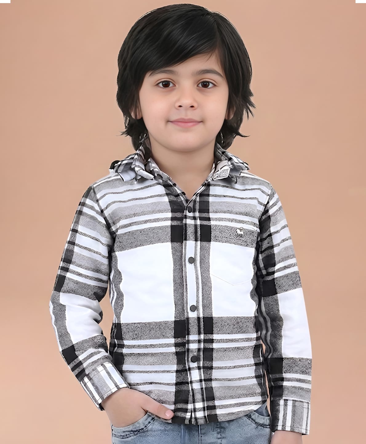 Polka Tots Full Sleeves Checked Hooded Shirt - Black-image-7