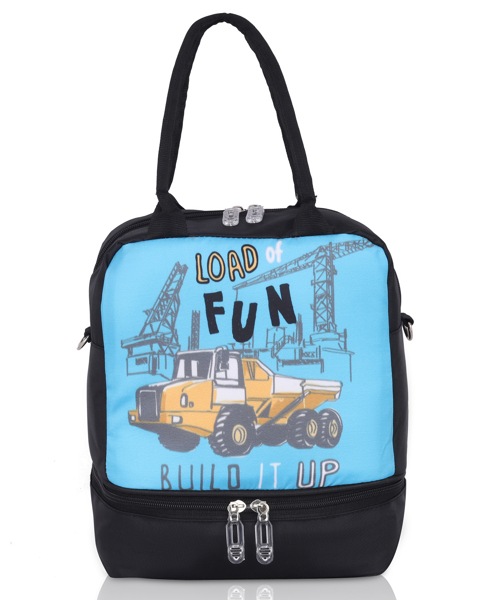 Echo Boomers Double Layer Insulated Tiffin Lunch Bag - Cool Blue Cars Print, Multi Pockets & Long Strap-image-5