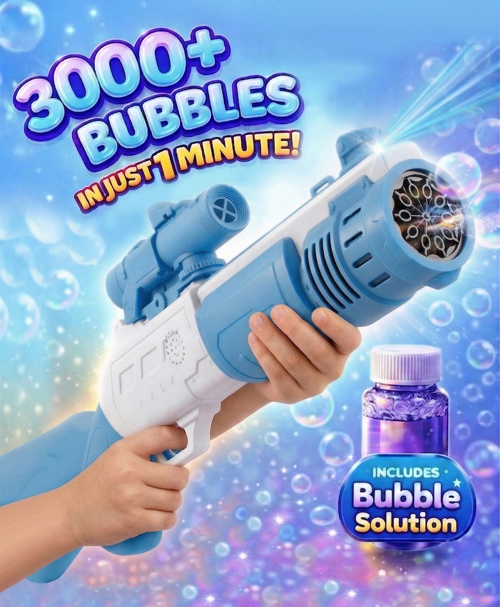 Babyhug Automatic Bubble Rifle Gun for Kids| LED Lights| 10 Hole Battery Operated Bubble Machine Toy & 100ml Bubble Solution| 3000+ Bubbles per Min|Bubble Blaster for Boys & Girls BIS Certified - Blue-image-25