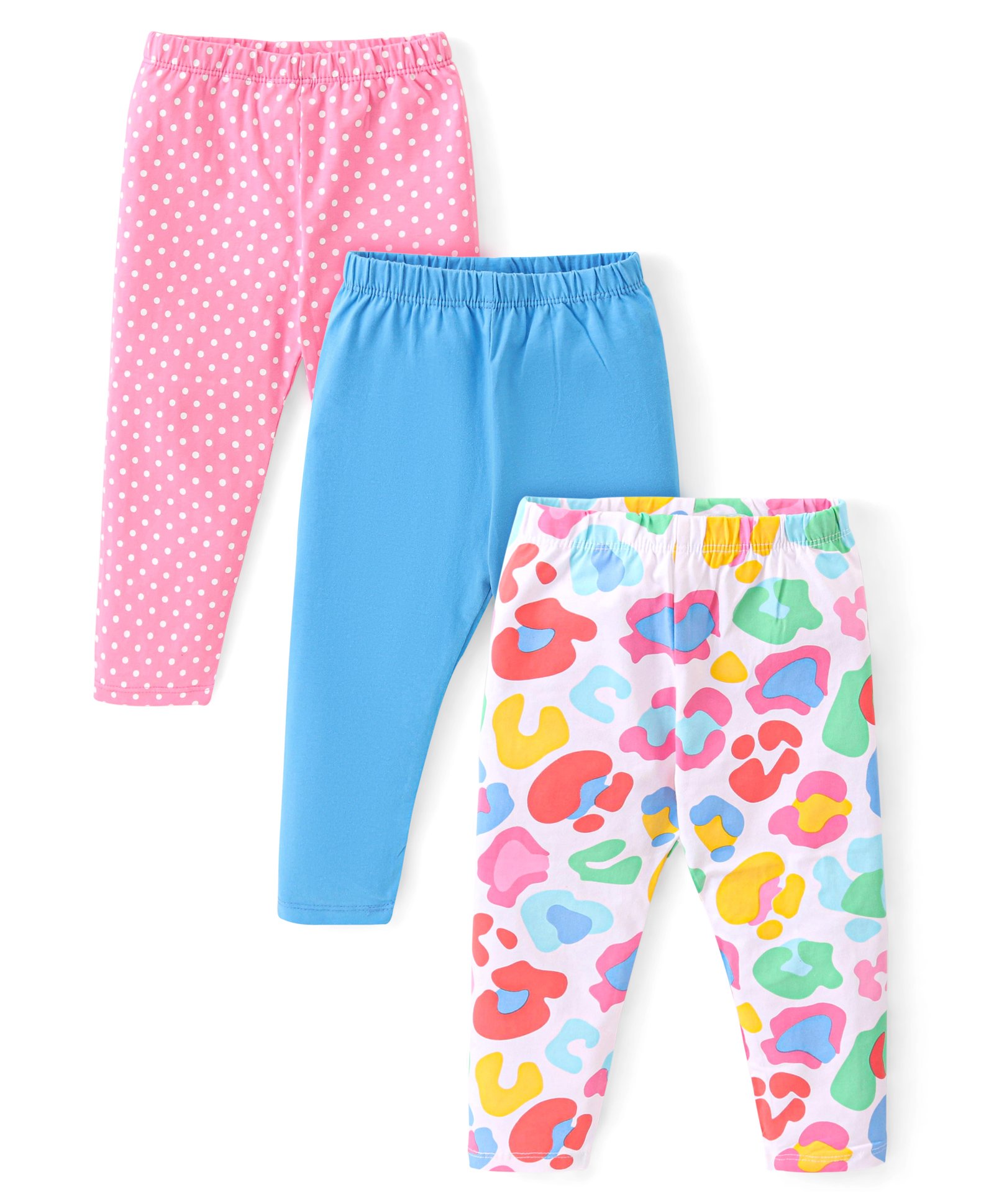 Babyhug Cotton Lycra Knit Full Length Leggings with Solid  Polka Dots & Floral Print Pack of 3 - Blue Pink & White-image-49