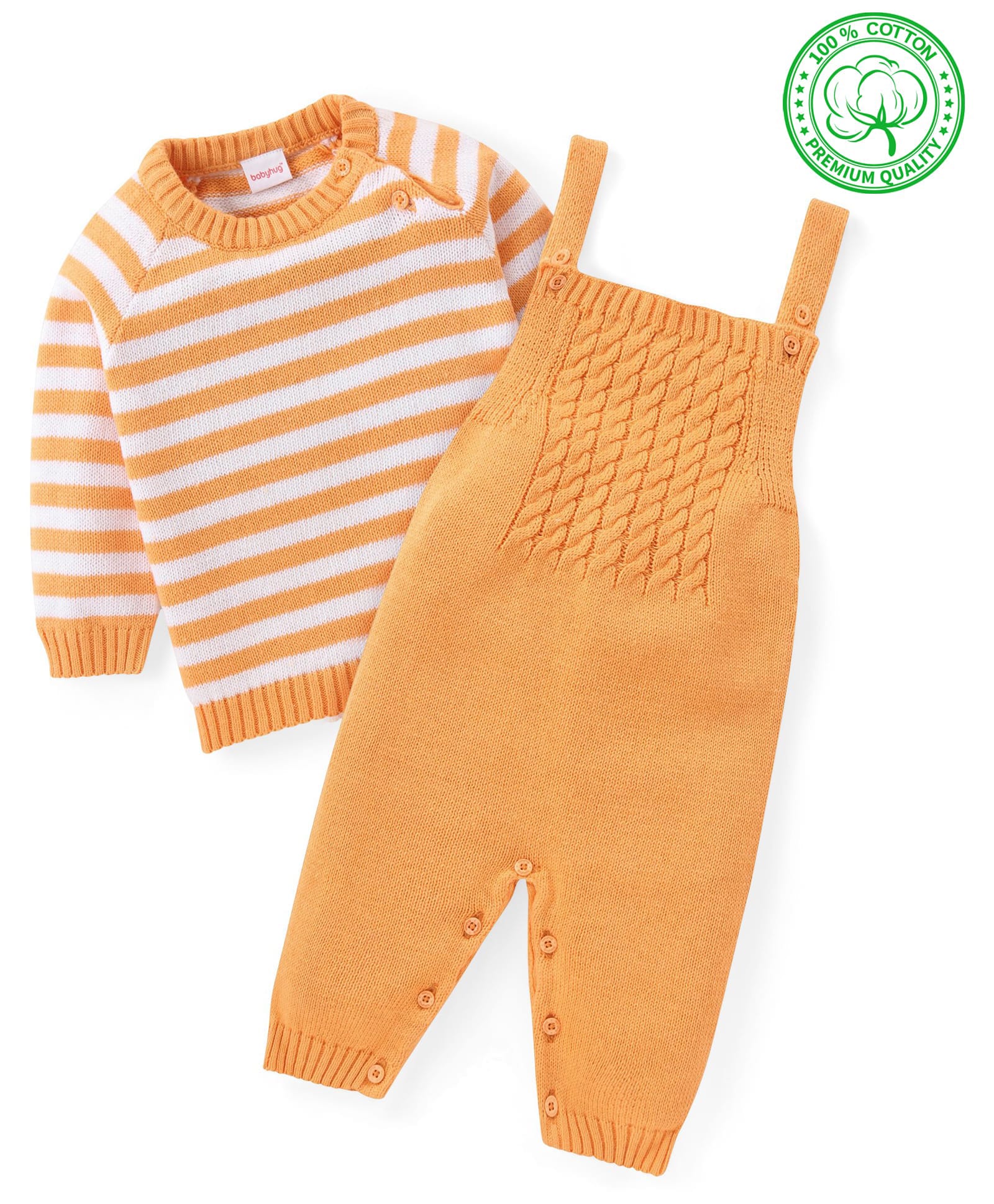 Babyhug Knit Winter Wear Dungaree with Full Raglan Sleeves Inner Tee with Stripe Design - Light Orange-image-22