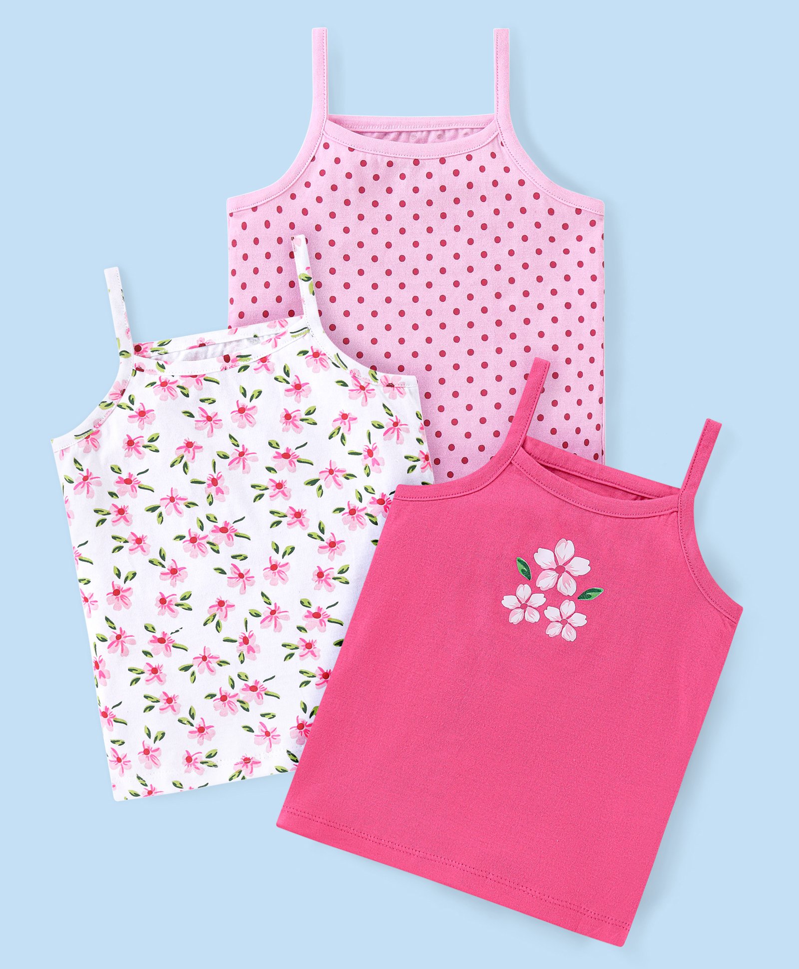 Babyhug 100% Cotton Singlet Sleeves Slips Floral & Polka Dots Print Pack of 3 - Multicolour-image-34