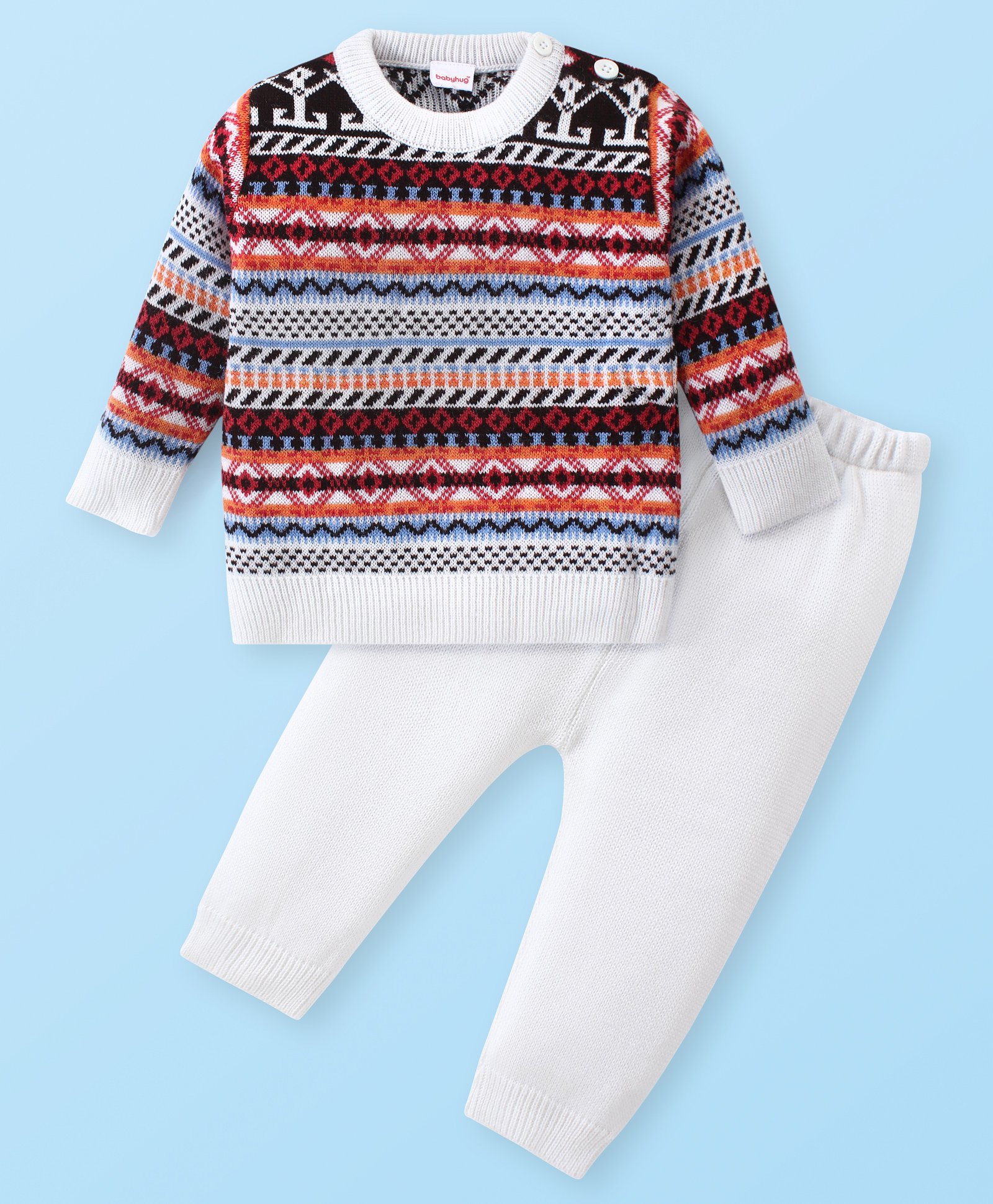 Babyhug Knitted Full Sleeves Sweater Set with Ikat Design - Multicolour-image-13