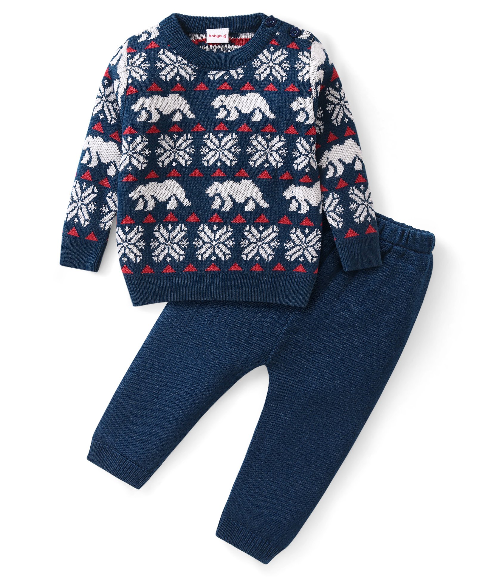 Babyhug Knitted Full Sleeves Sweater Set with Bear & Aztec Design - Navy Blue-picture-12