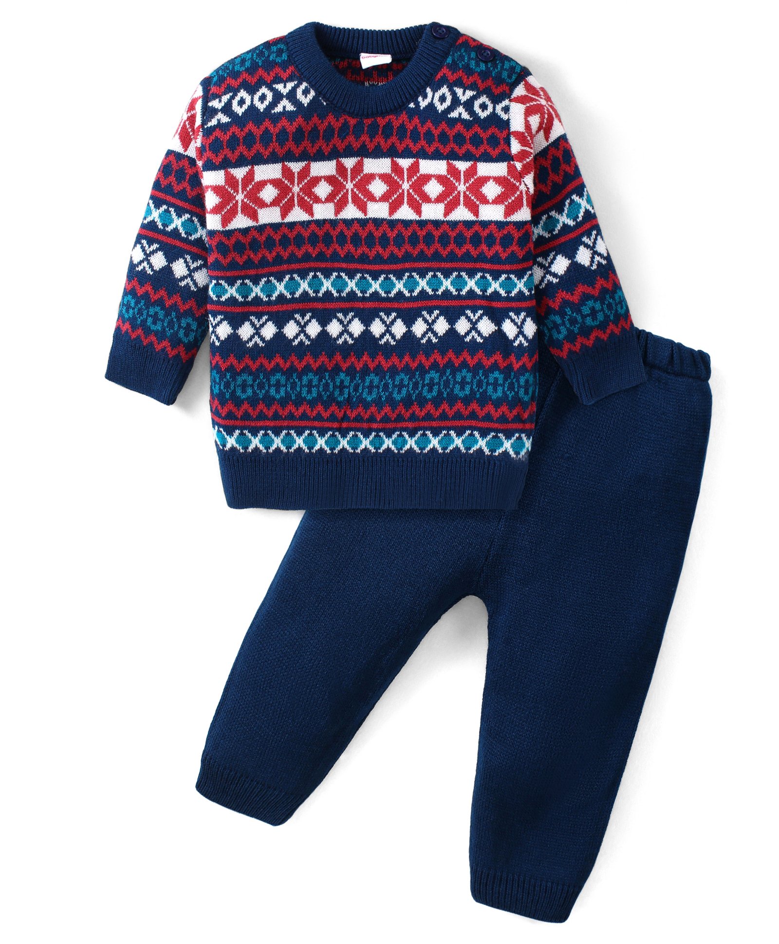 Babyhug Knitted Full Sleeves Sweater Set with Intarsia Design - Blue Red & White-picture-17