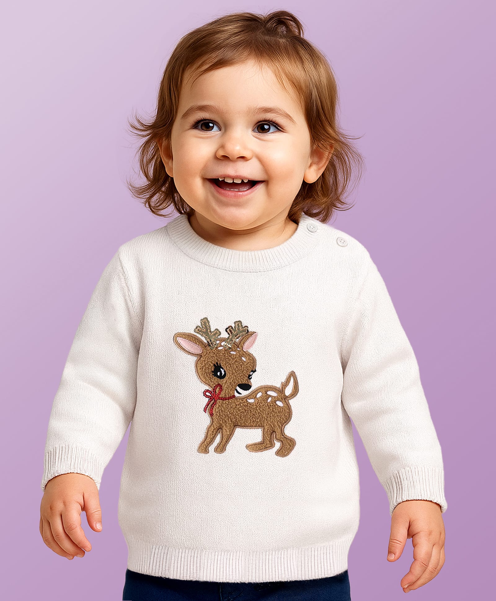 Babyoye 100% Cotton Knit Full Sleeves Pullover Sweater with Reindeer Embroidery Detailing - White-picture-41