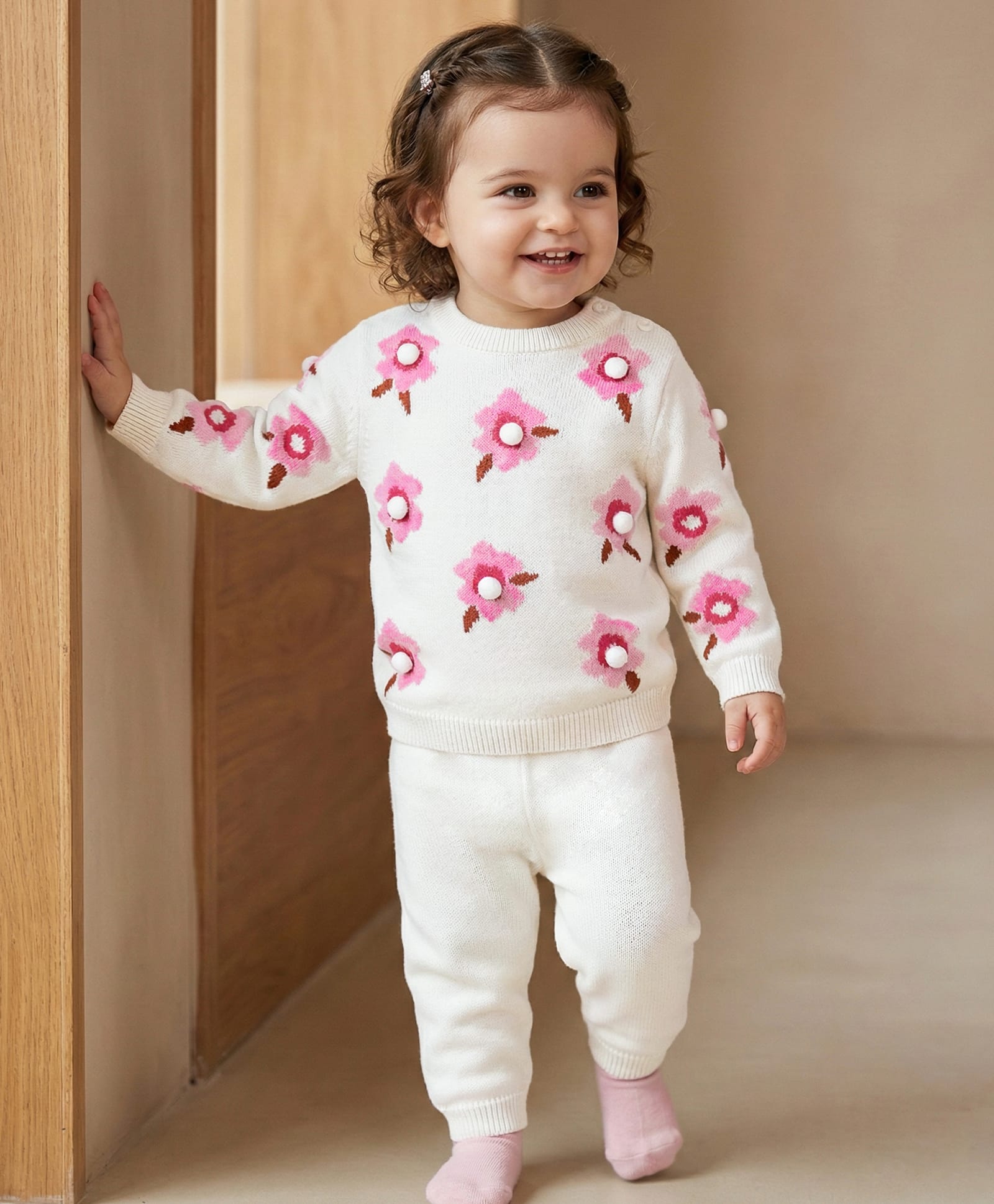 Babyoye 100% Cotton Knitted Textured Full Sleeves Sweater Set with Floral Design - White-image-29