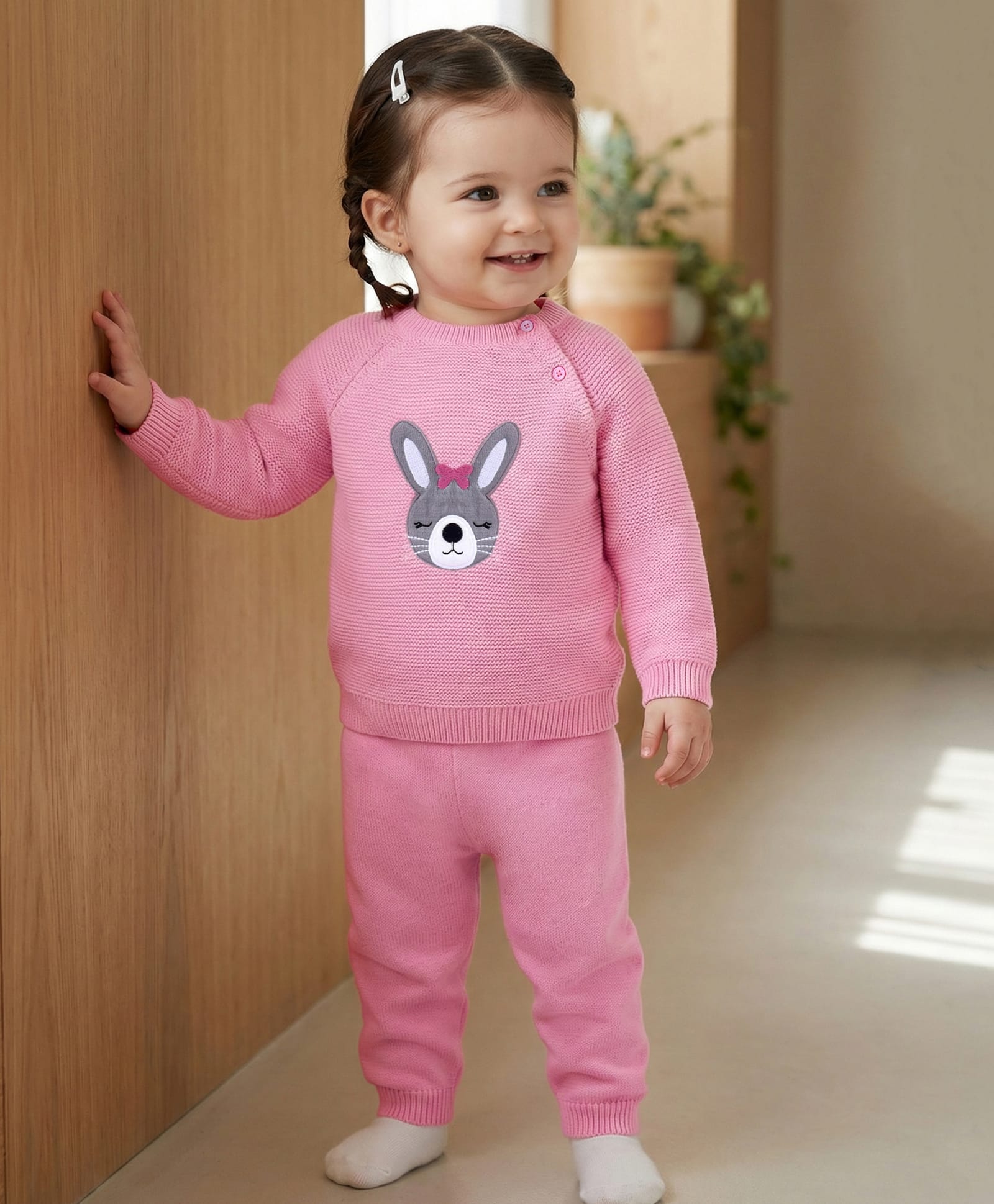 Babyoye 100% Cotton Knit Full Raglan Sleeves Striped Sweater Set with Bunny Patch - Pink-picture-16