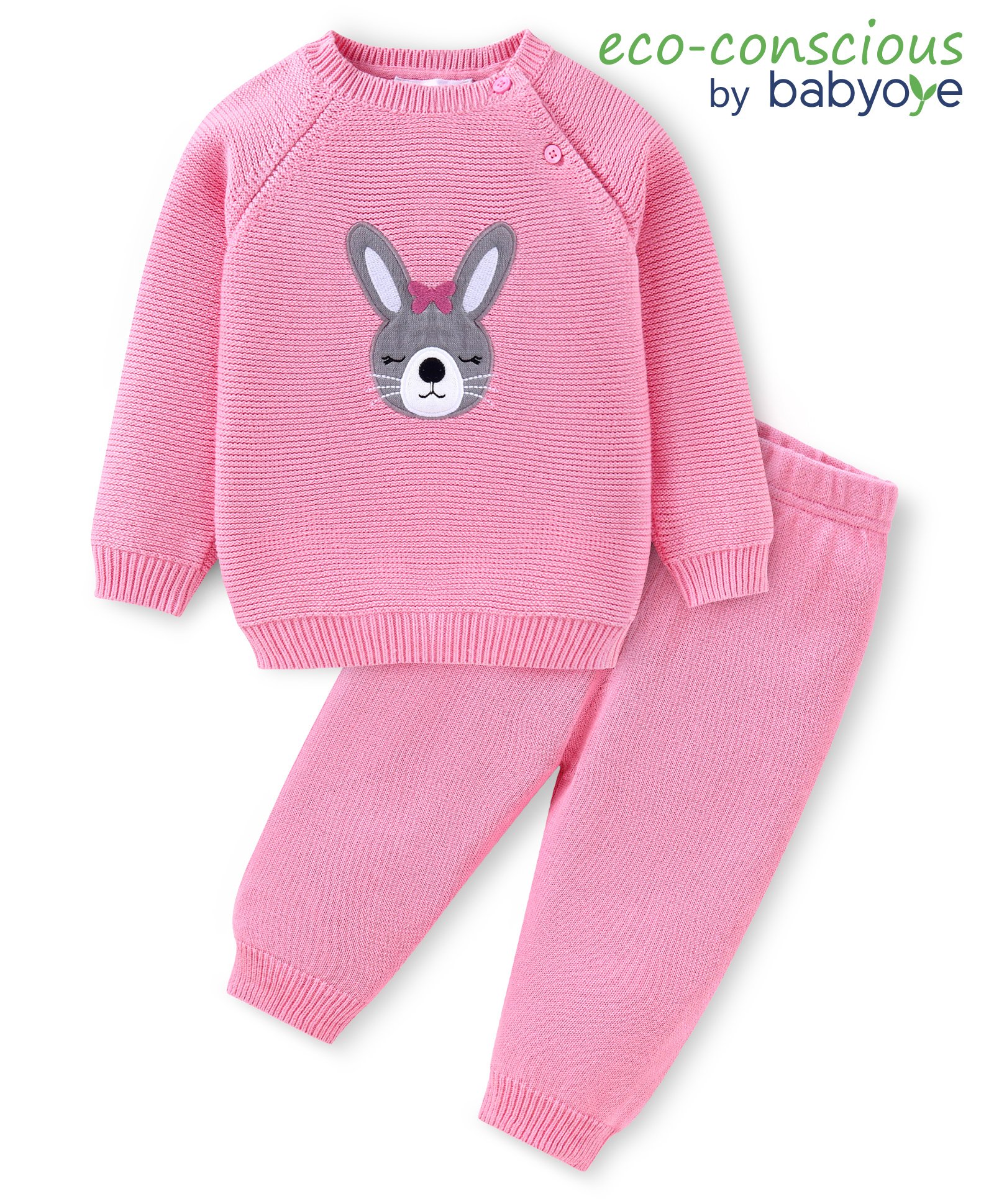 Babyoye 100% Cotton Knit Full Raglan Sleeves Striped Sweater Set with Bunny Patch - Pink-picture-26