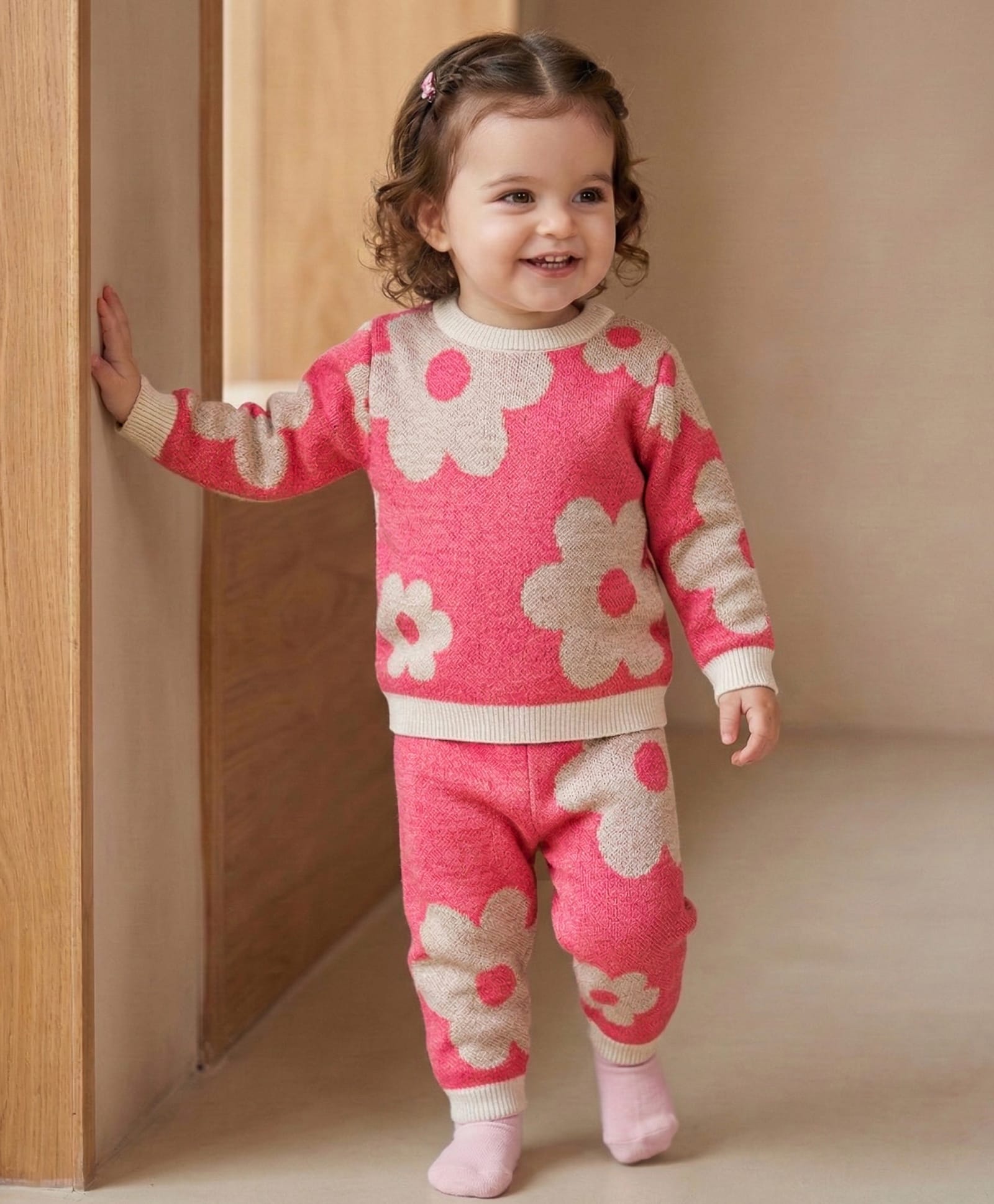 Babyoye Knitted Textured Full Sleeves Sweater Set with Floral Design - Pink-image-27