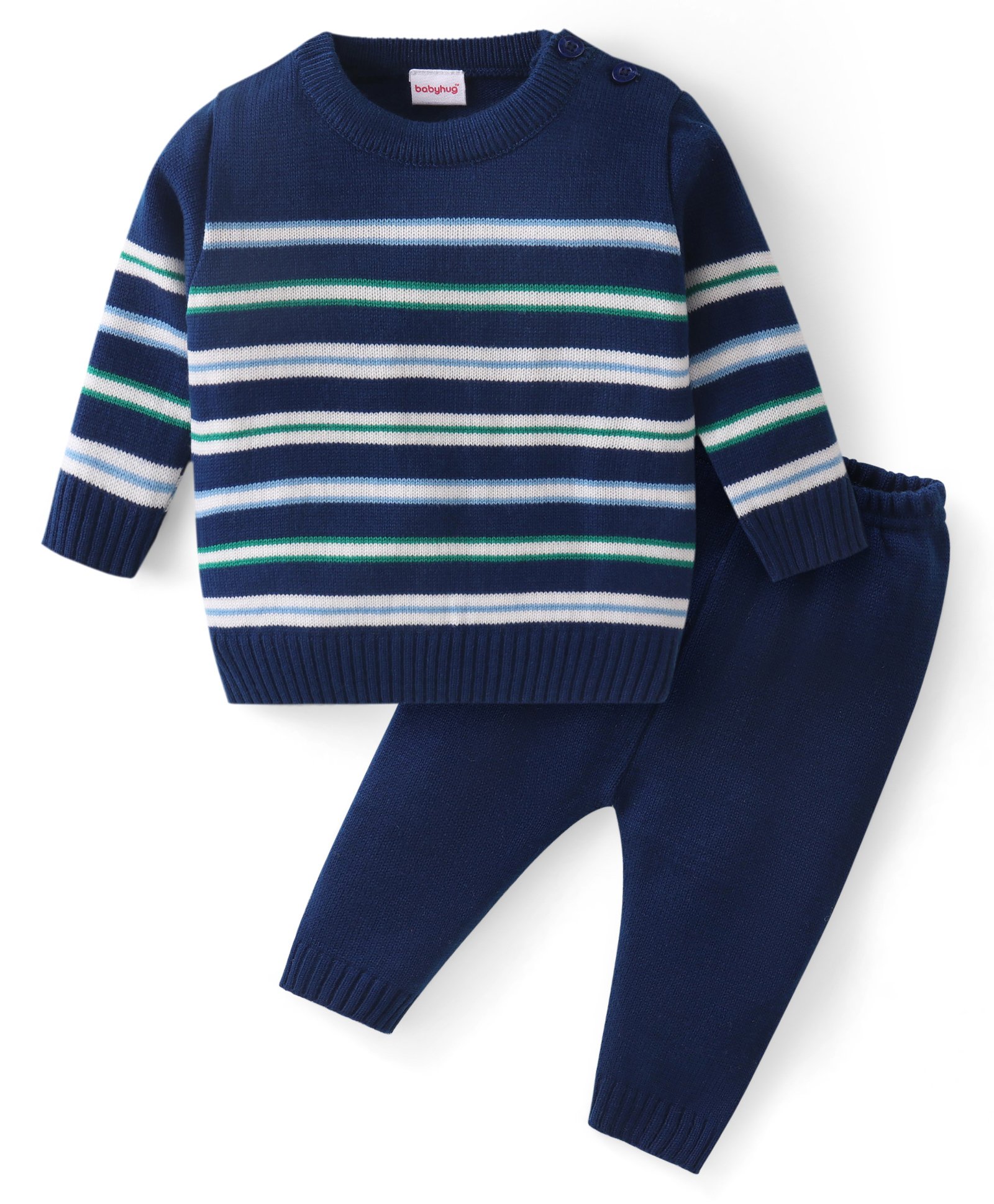 Babyhug Knitted Full Sleeves Striped Pullover Sweater Set - Navy Blue Green & White-picture-27