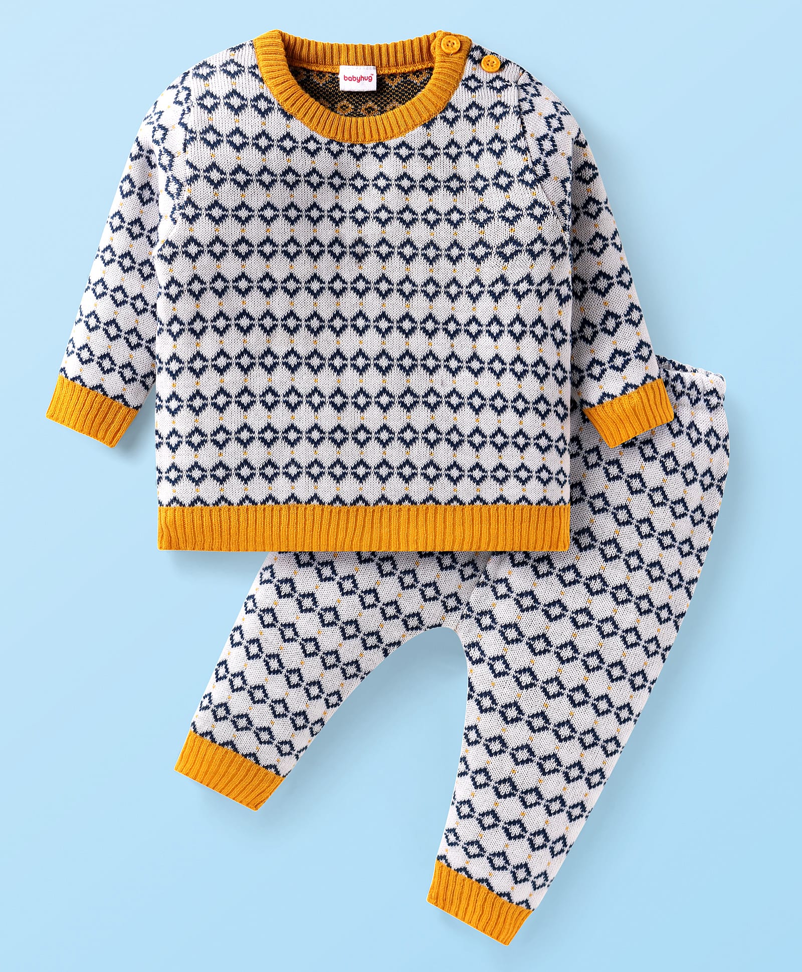 Babyhug Knitted Full Sleeves Sweater Set With Chevron Design - White-image-31